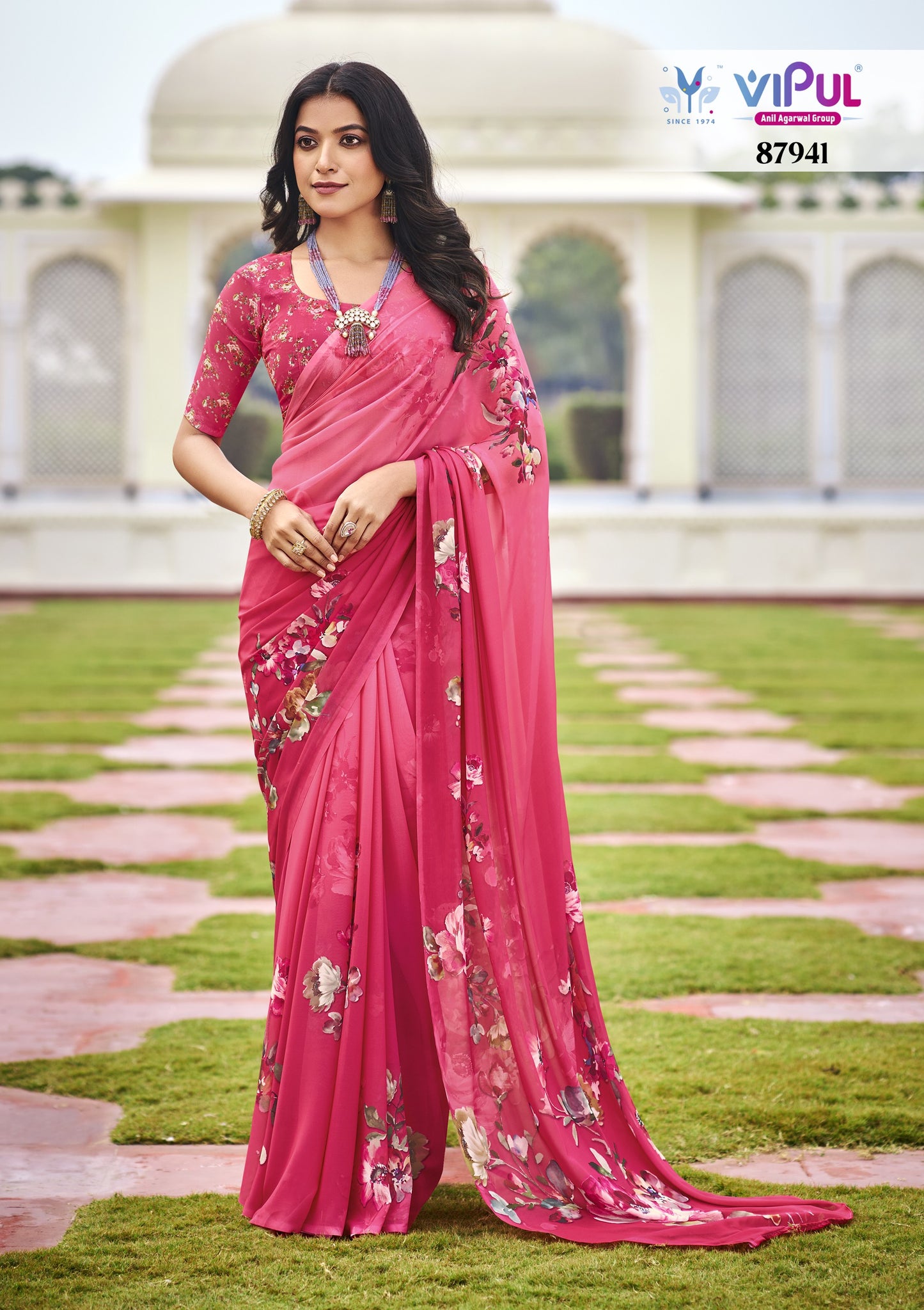 Twisha - Pink Georgette Floral Digital Printed Saree