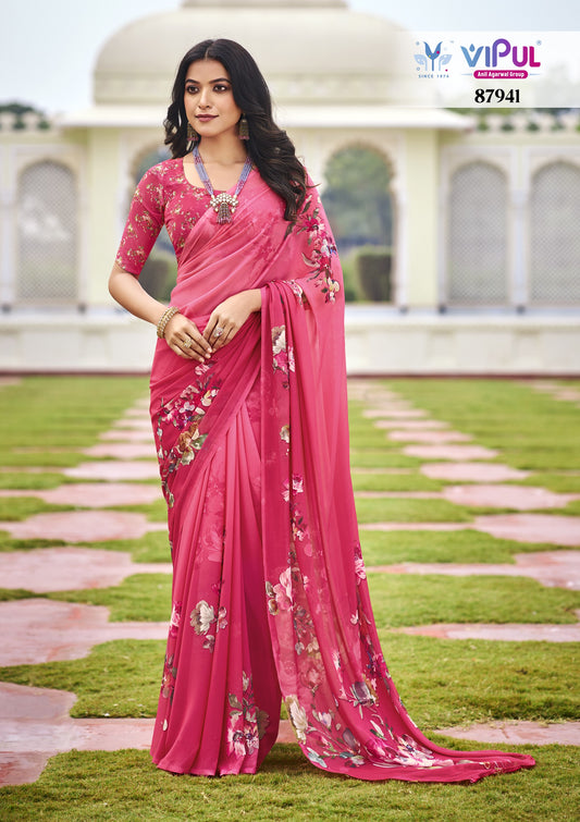 Twisha - Pink Georgette Floral Digital Printed Saree