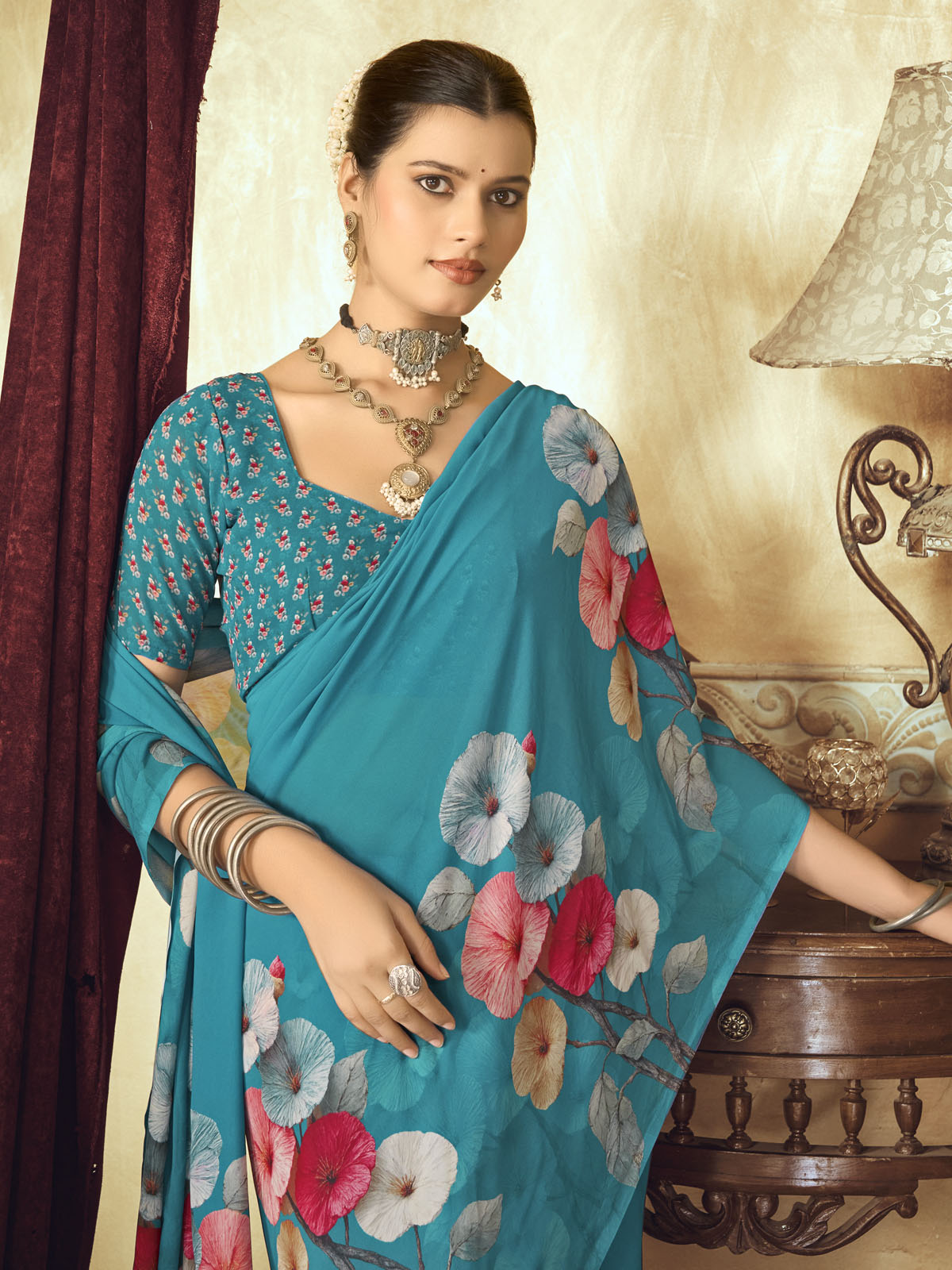 Riddhi - Firozi Georgette Floral Digital Printed Saree