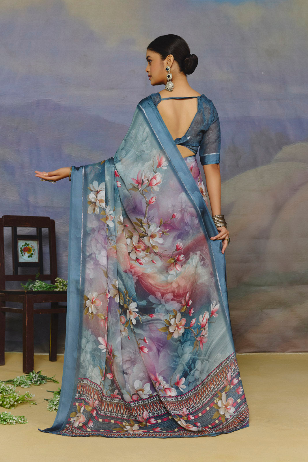 Samriddhi - Steel Blue Moss Georgette Digital Print Saree with Satin Patta Border
