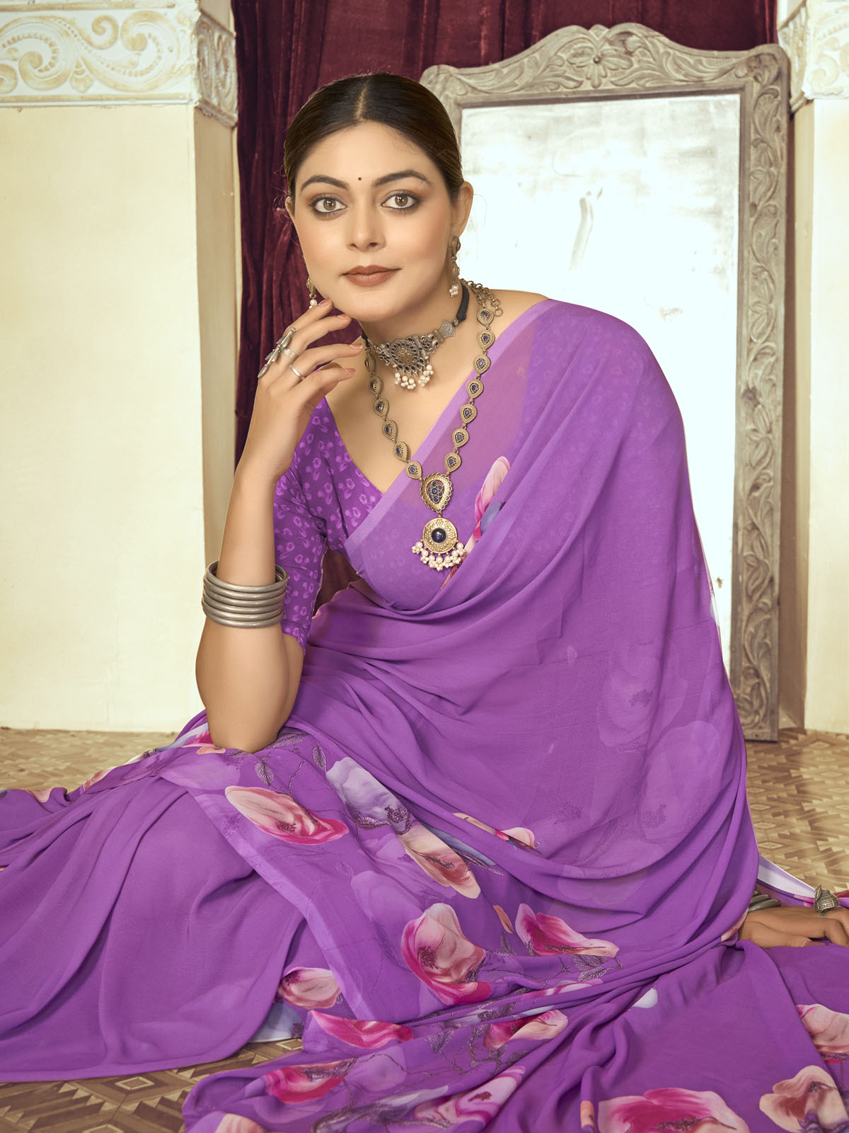 Riddhi - Purple Georgette Floral Digital Printed Saree