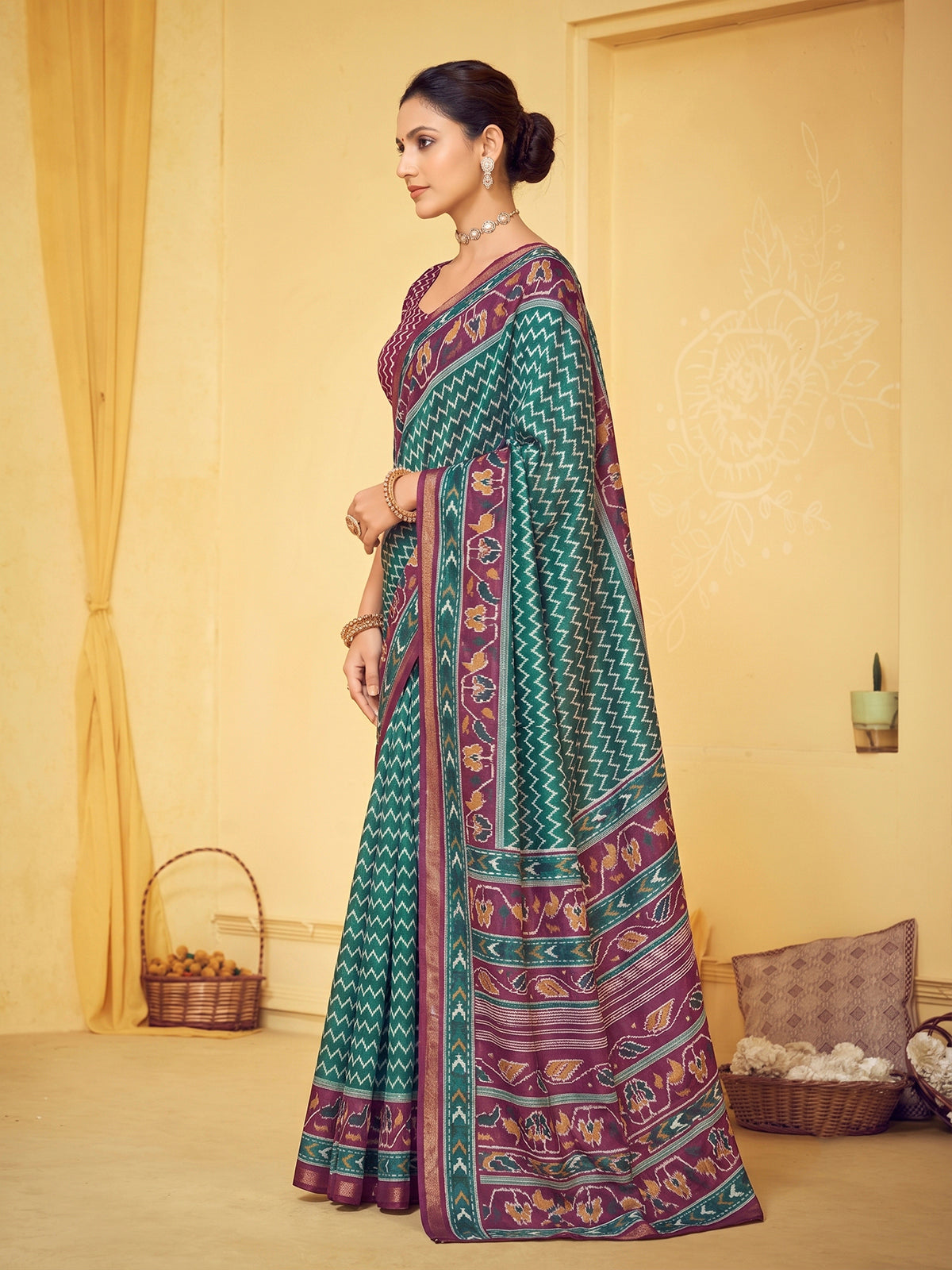 Amrapali - Teal Chanderi Cotton Digital Printed Saree with Zari Border