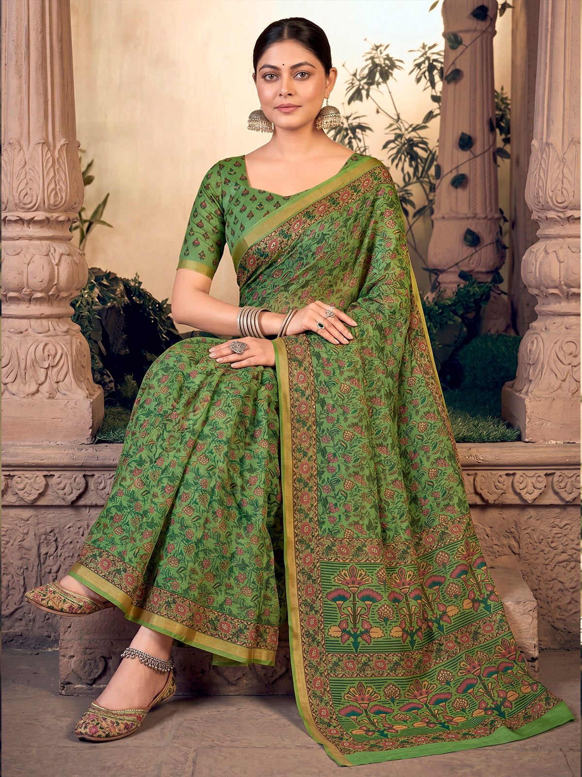 Amrapali - Green Chanderi Cotton Digital Printed Saree with Zari Border