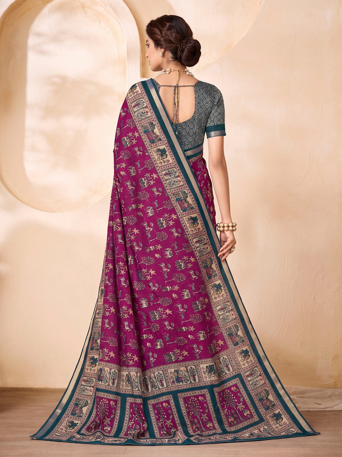 Monalisa - Purple Chanderi Cotton Printed Saree with Classic Folk Art Print