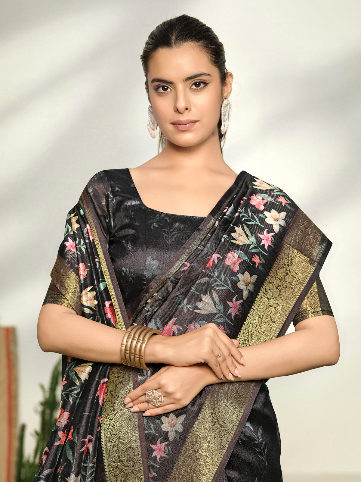 Varnika - Black Digital Printed Moss Georgette Saree with Woven Border