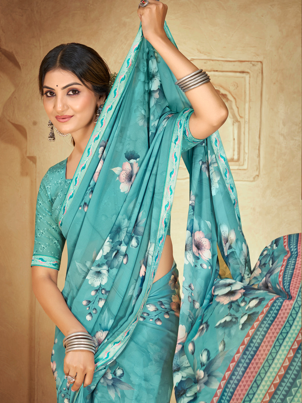 Sumedha - Teal Digital Printed Georgette Saree