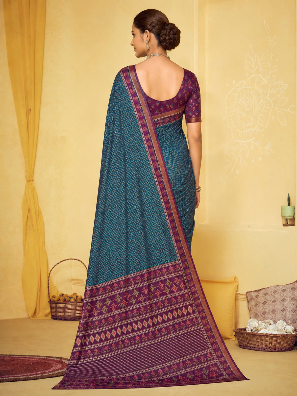 Amrapali - Blue Chanderi Cotton Digital Printed Saree with Zari Border