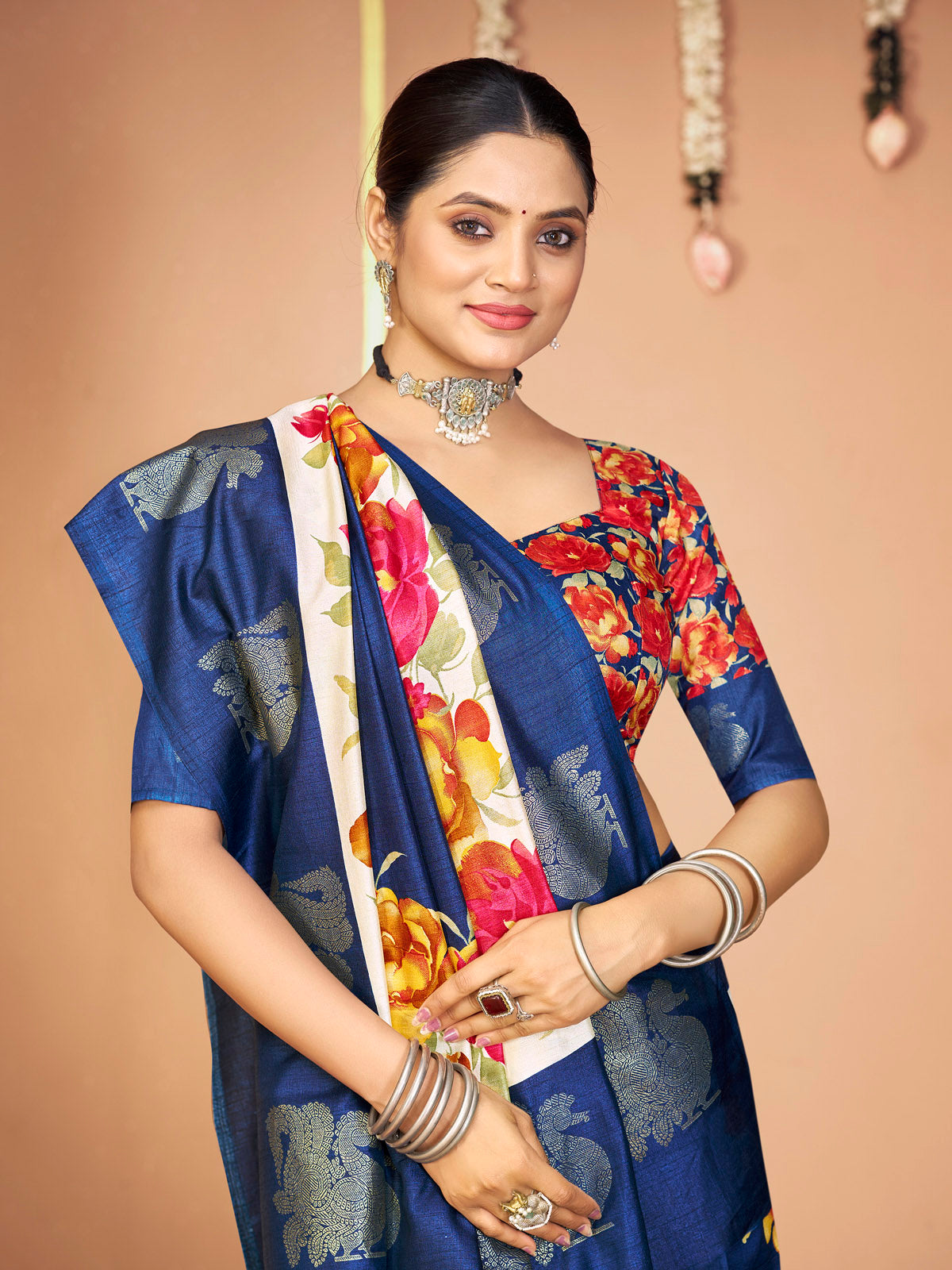 Rajkumari - Blue Printed Soft Silk Saree with Silk Foil Work