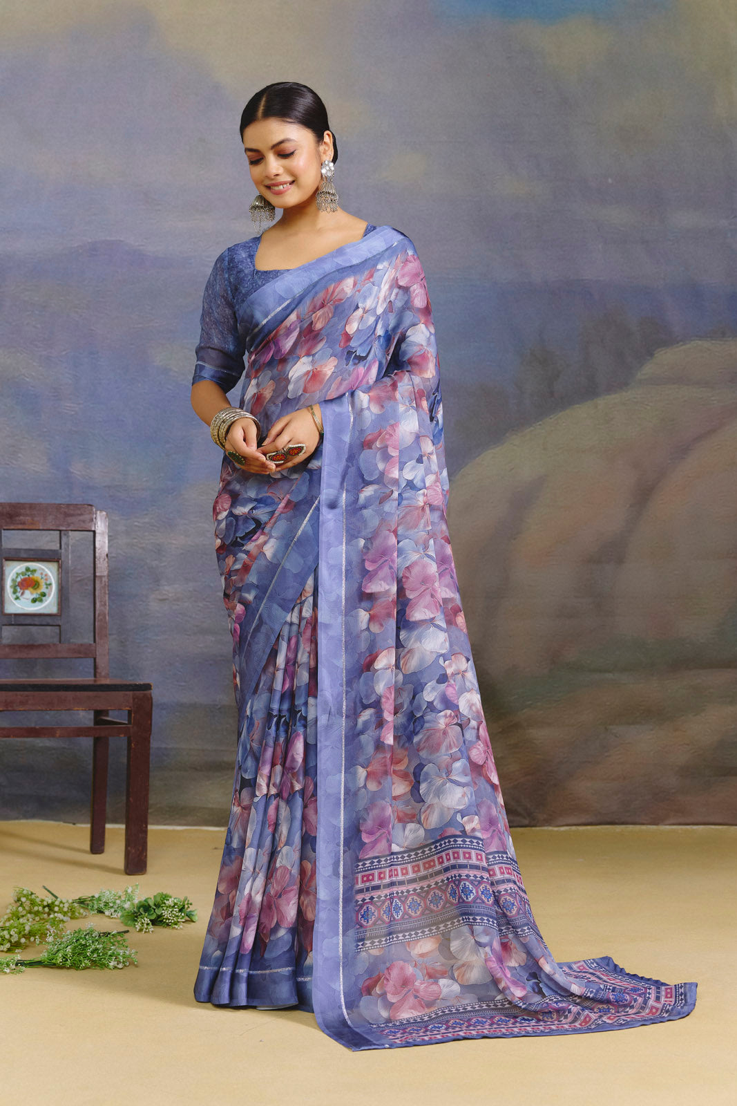 Samriddhi - Slate Blue Moss Georgette Digital Print Saree with Satin Patta Border