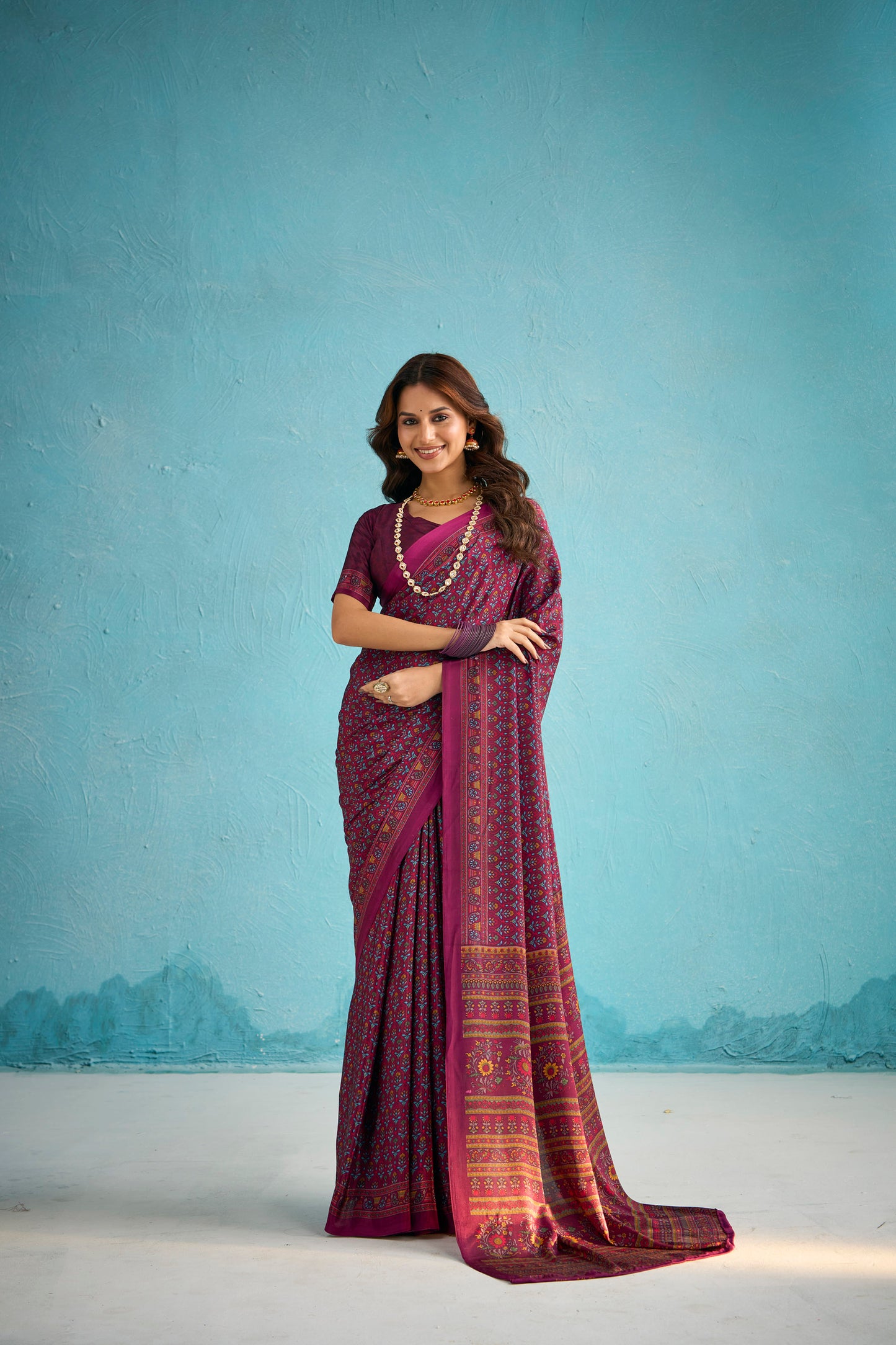 Rajkala - Navy Blue Floral Printed Crepe Silk Saree