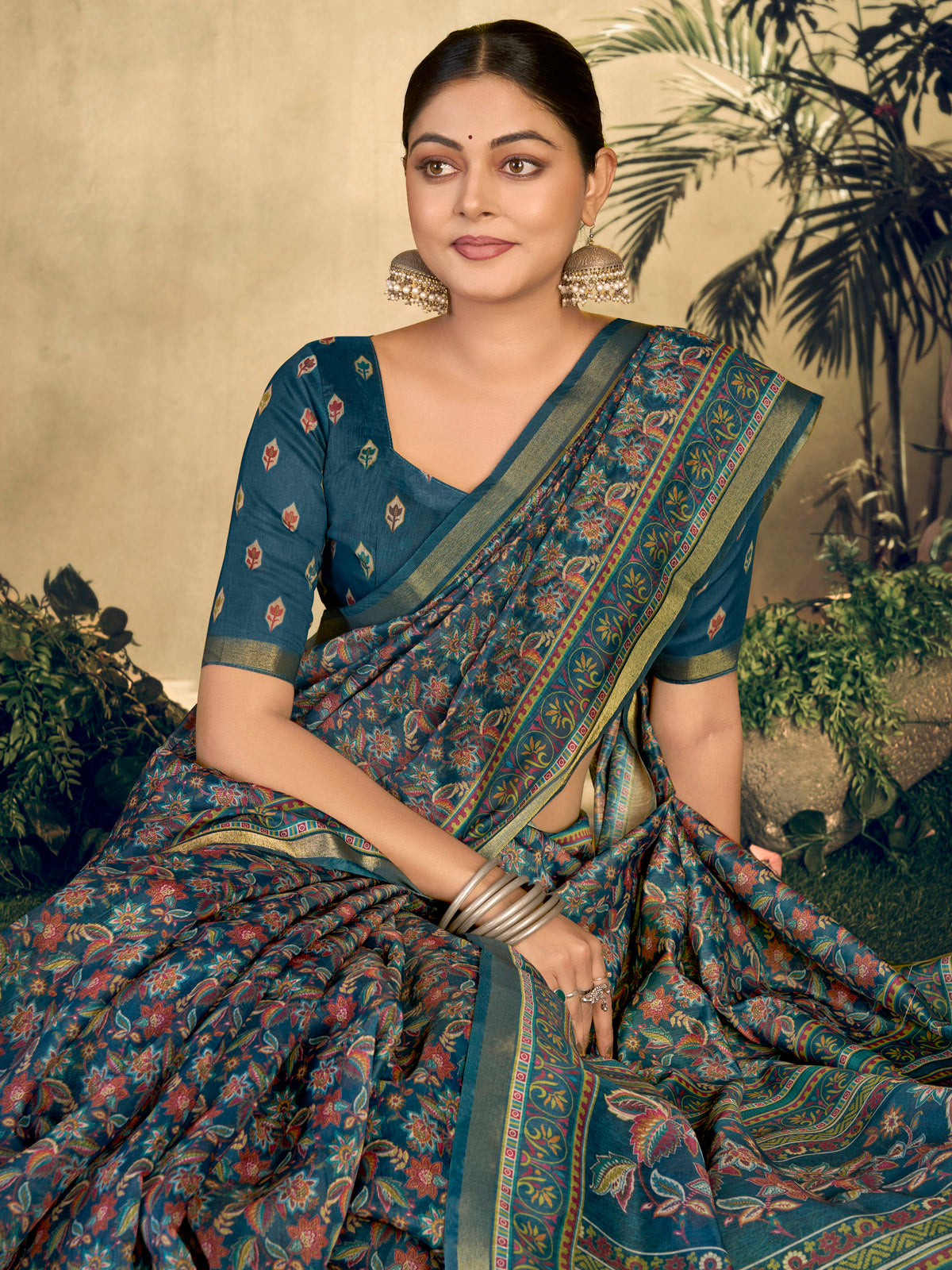 Amrapali - Blue Chanderi Cotton Digital Printed Saree with Zari Border