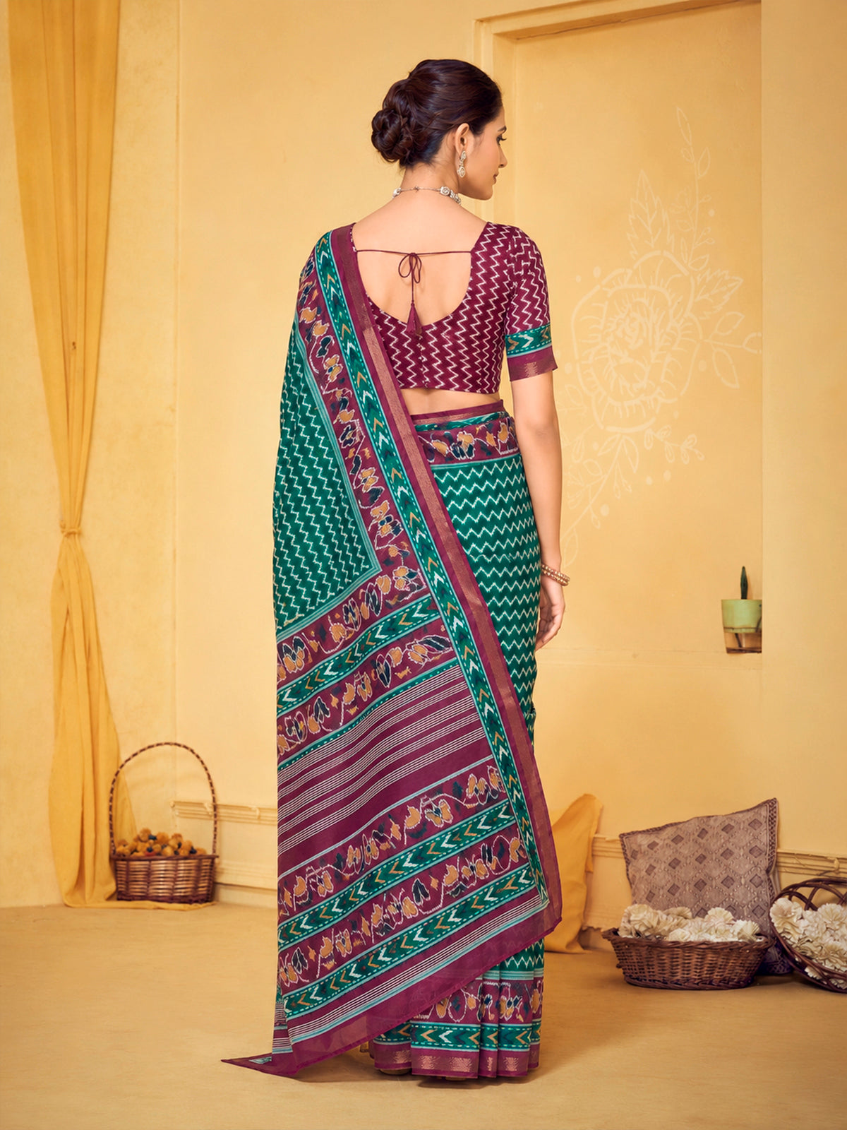 Amrapali - Teal Chanderi Cotton Digital Printed Saree with Zari Border