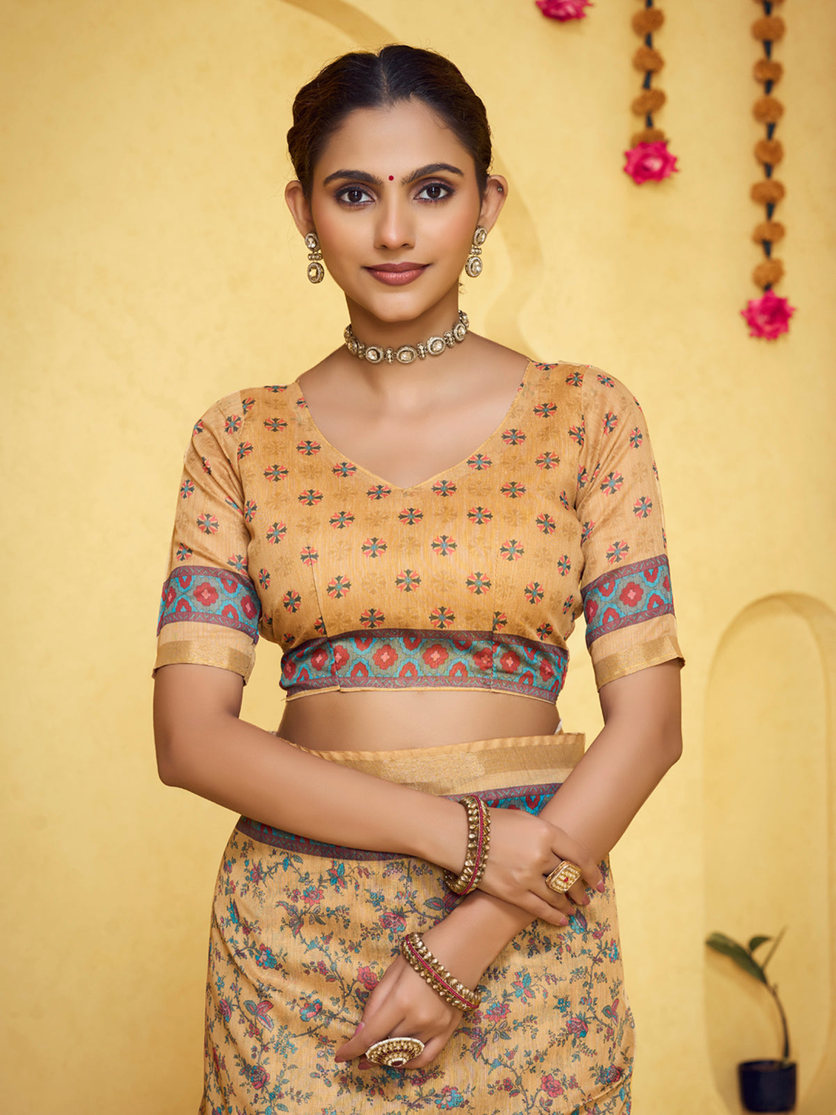 Amrapali - Yellow Chanderi Cotton Digital Printed Saree with Zari Border
