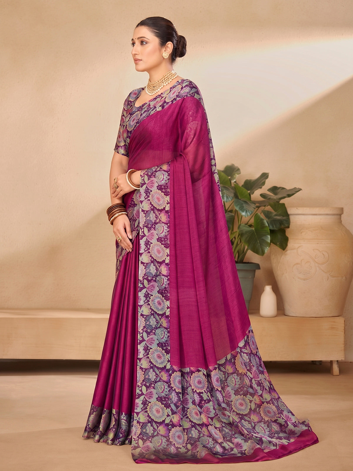 Ekvarna - Purple Printed Chiffon Saree