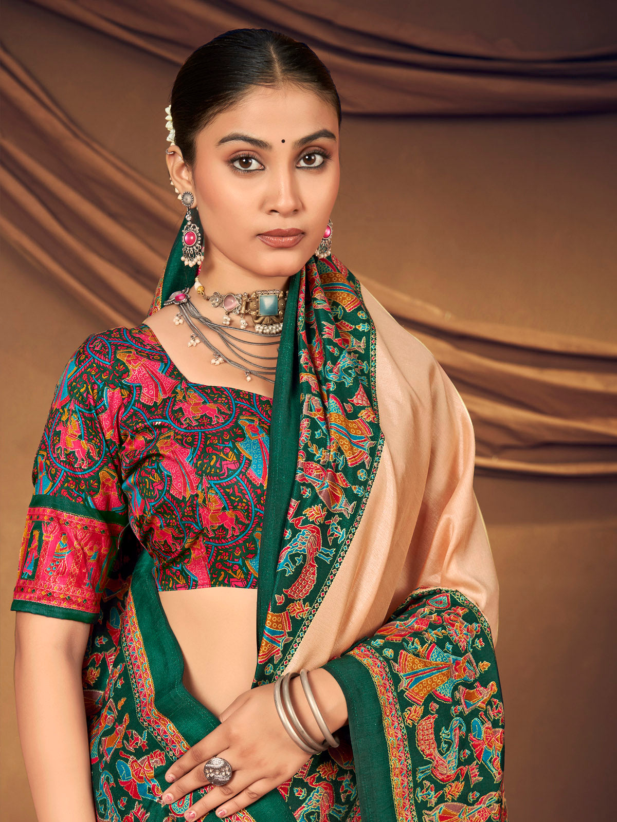Kumuda - Peach Mysore Silk Jari Printed with Tessals