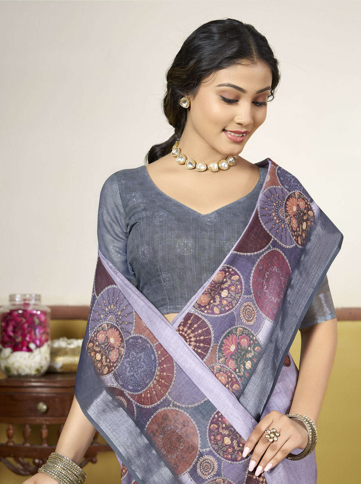 Rachna - Violet Linen Digital Print Saree with Woven Border