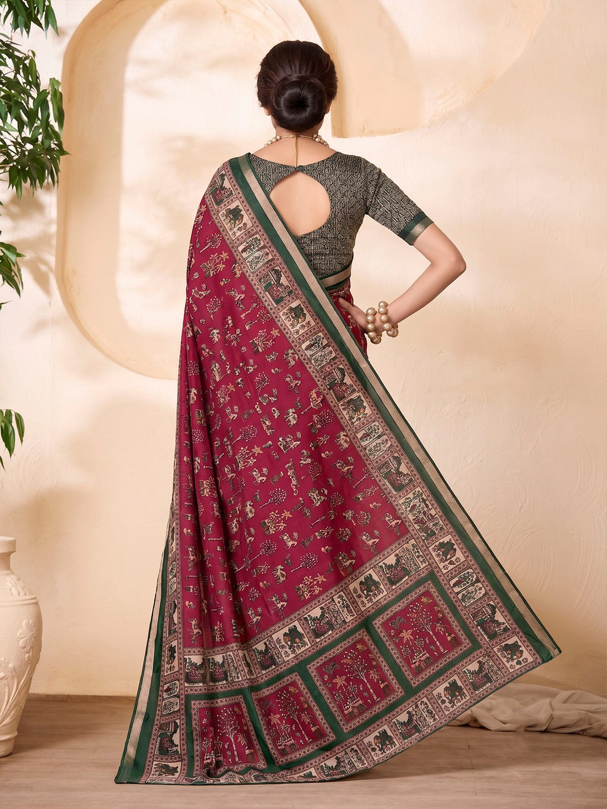 Monalisa - Red Chanderi Cotton Printed Saree with Classic Folk Art Print