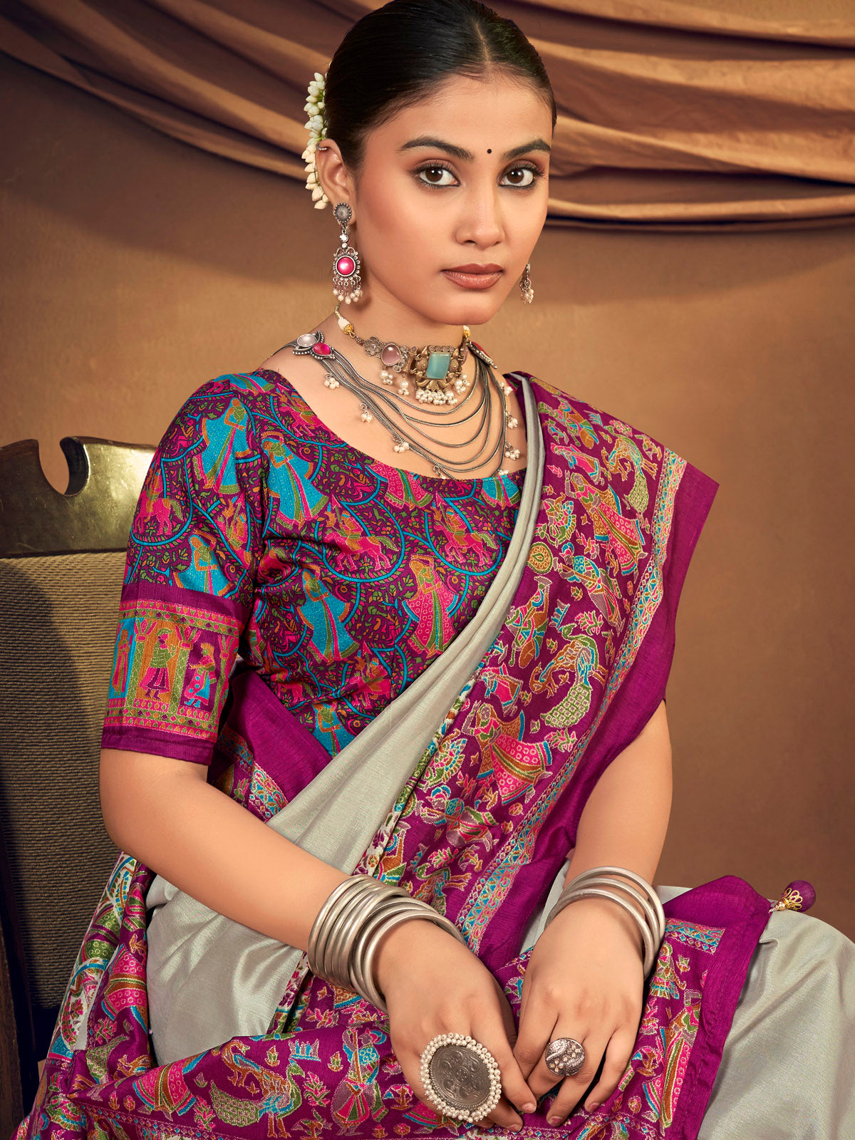 Kumuda - Light Grey Mysore Silk Jari Printed with Tessals