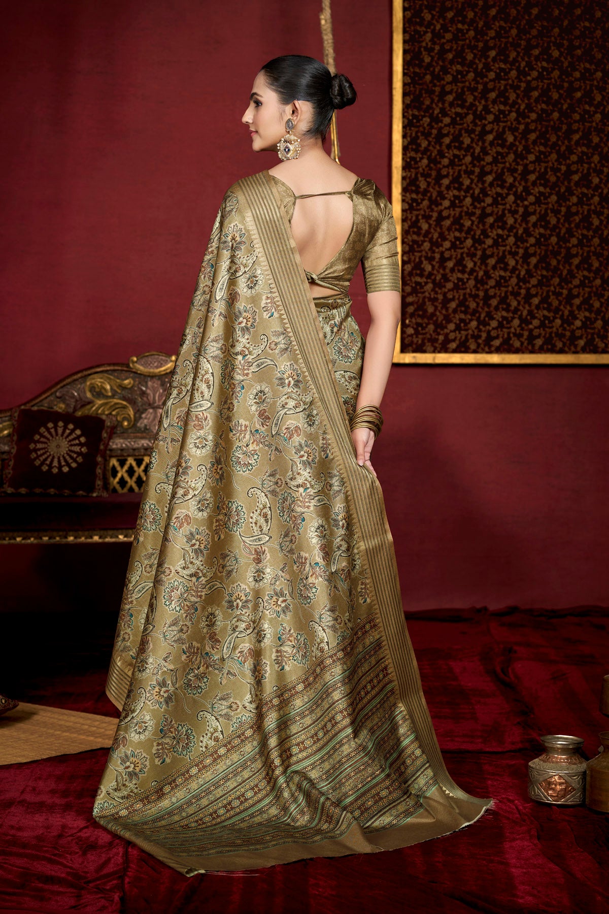 Veera - Olive Green Soft Silk Digital Printed Saree with Woven Border