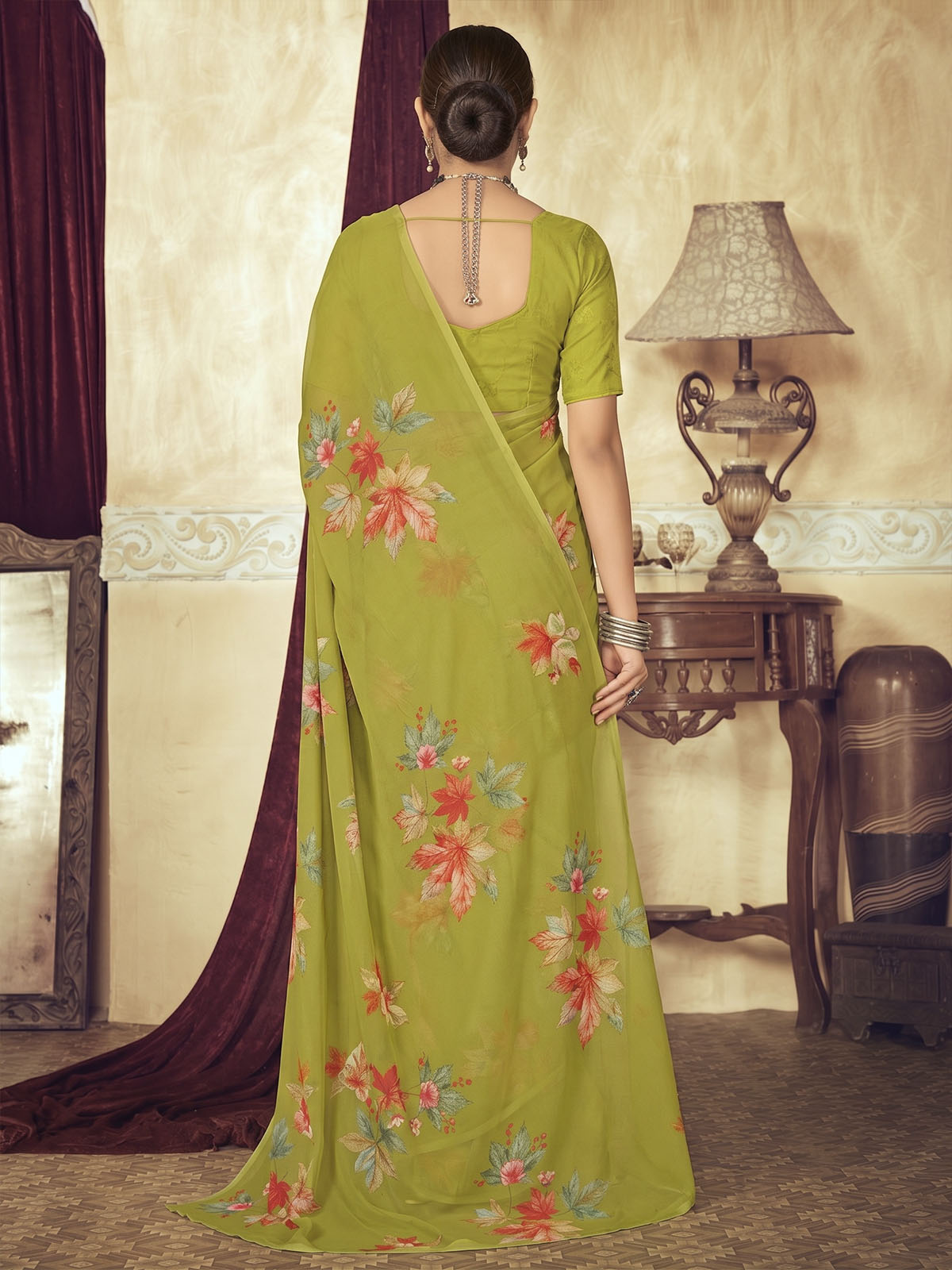 Riddhi - Green Georgette Floral Digital Printed Saree