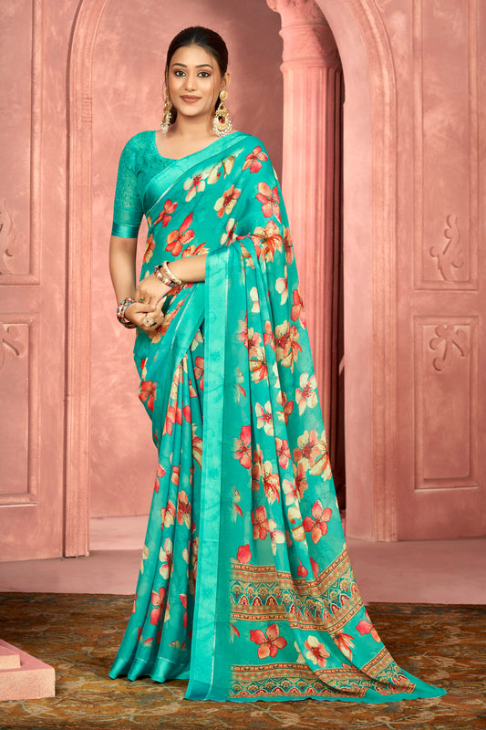 Samriddhi – Turquoise Moss Georgette Digital Print Saree with Satin Patta Border