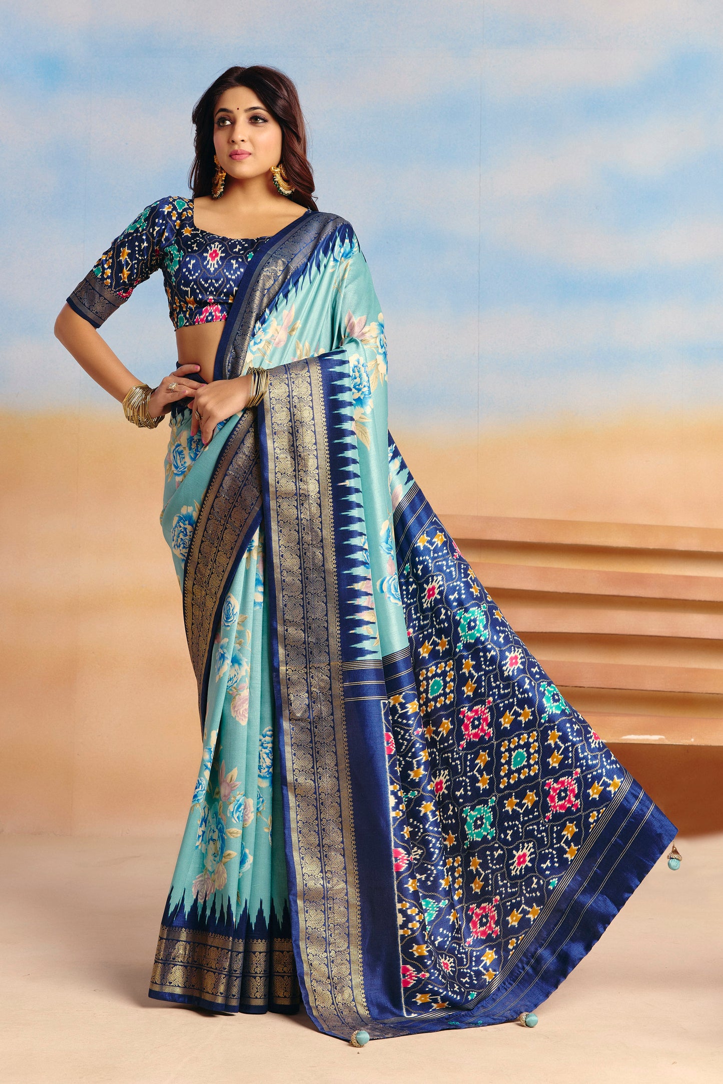 Rangrekha - Teal Floral Printed Soft Silk Saree