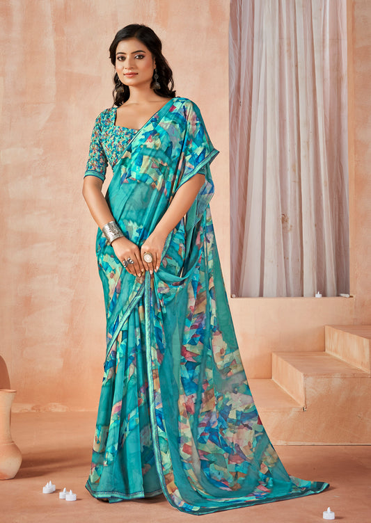 Sumedha - Turquoise Digital Printed Georgette Saree