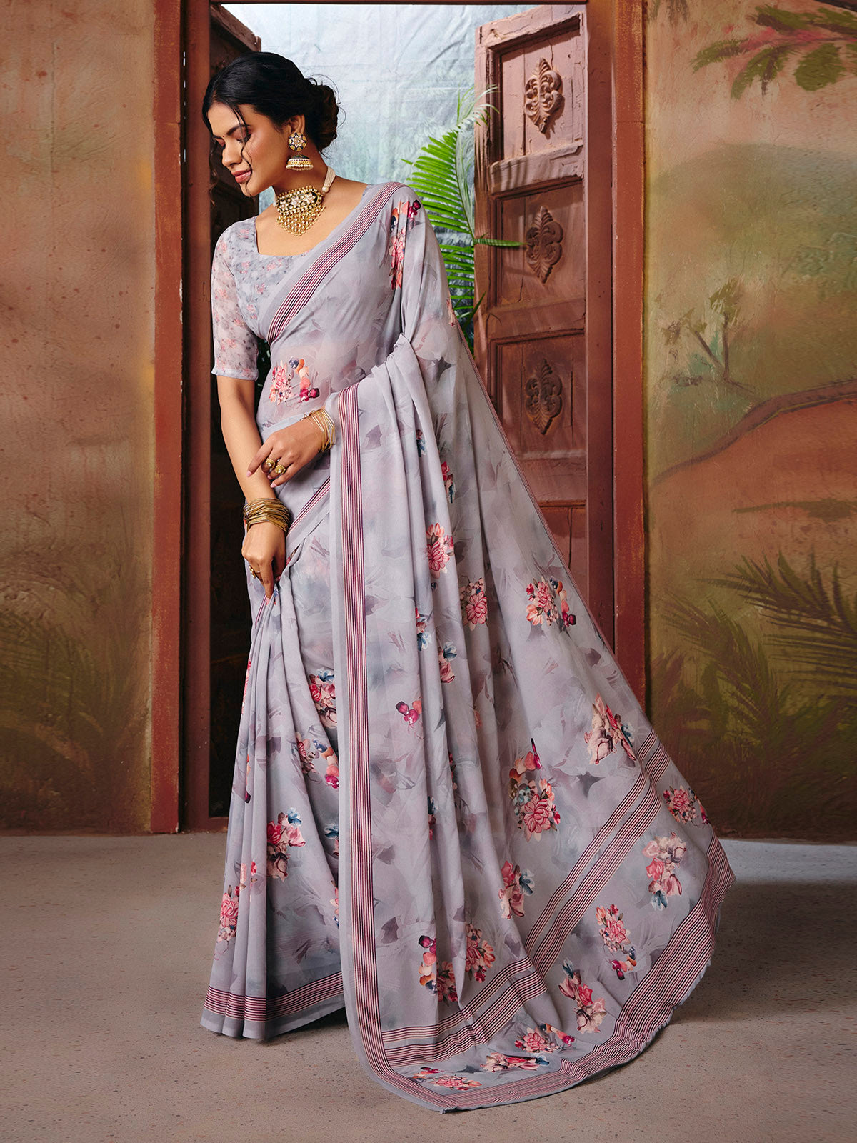 Riddhi - Slate Grey Georgette Floral Digital Printed Saree
