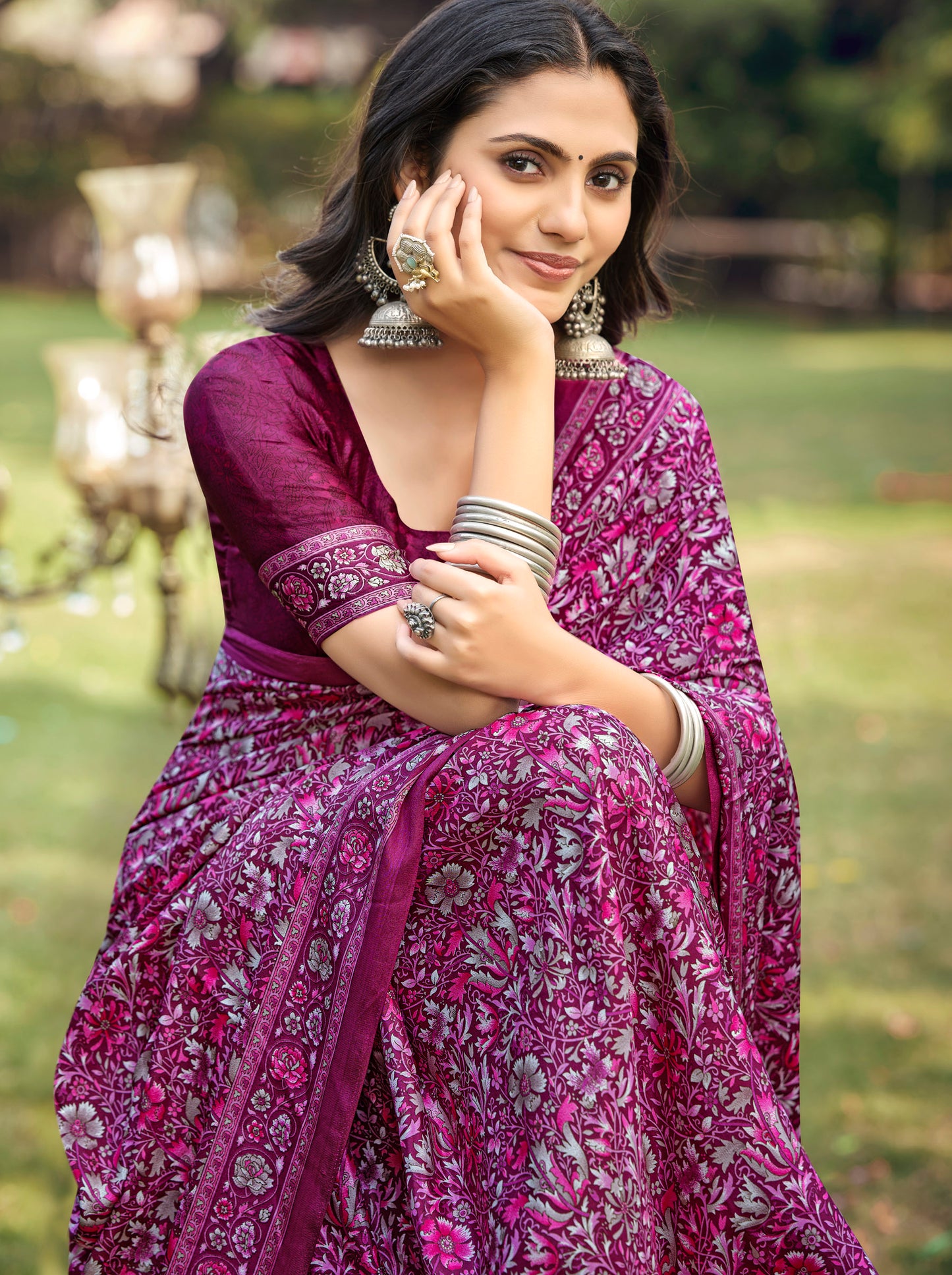 Rajkala - Purple Printed Crepe Silk Saree