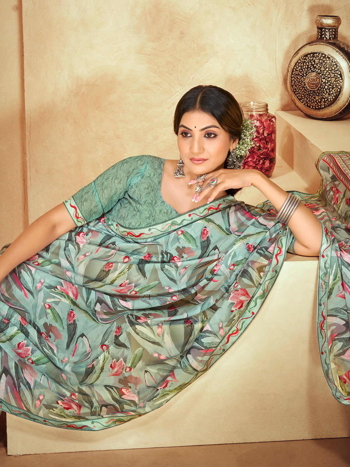 Sumedha - Sea Green Digital Printed Georgette Saree