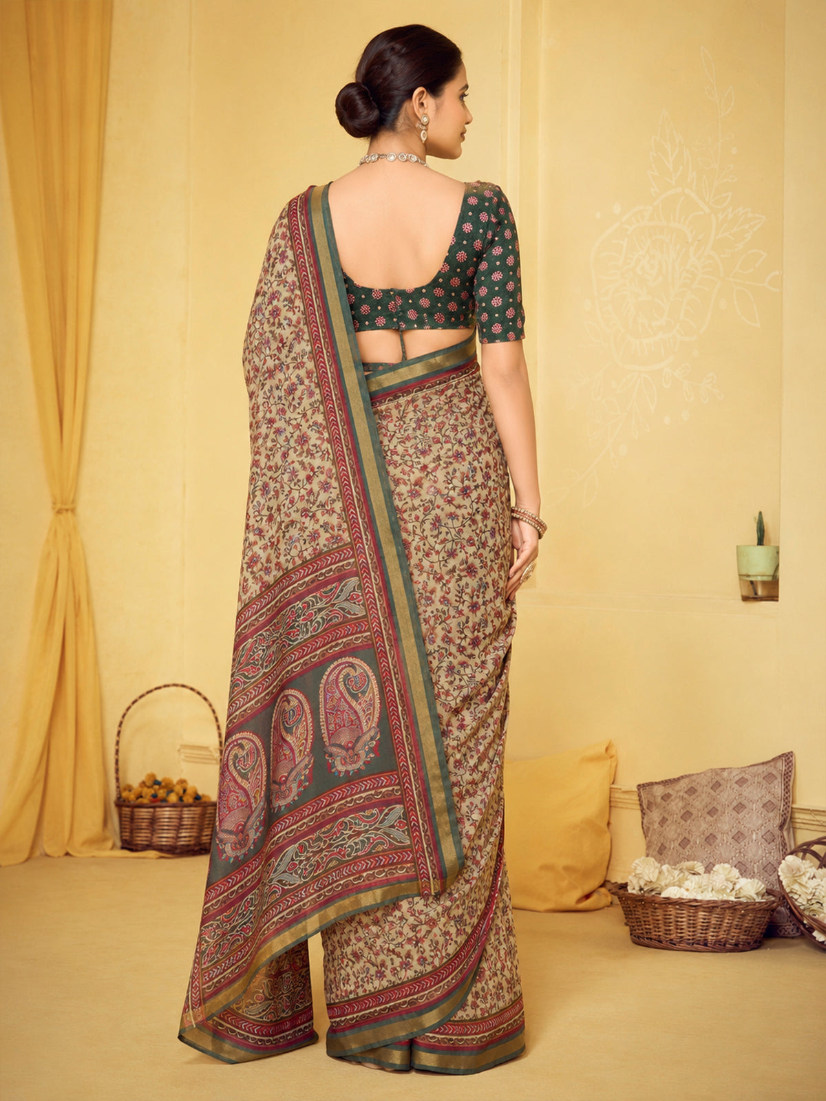 Amrapali - Beige Chanderi Cotton Digital Printed Saree with Zari Border