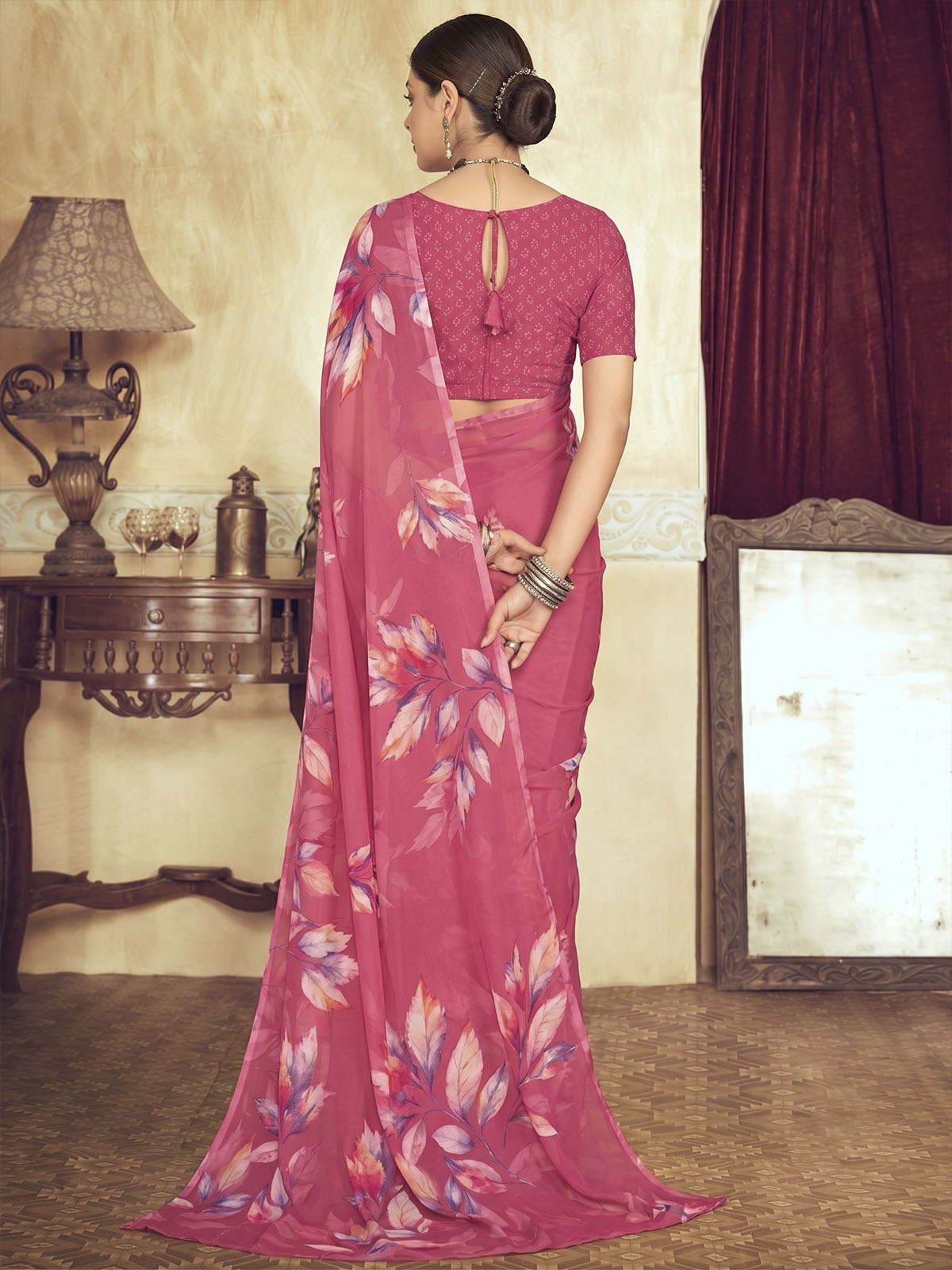 Riddhi - Coral Georgette Floral Digital Printed Saree