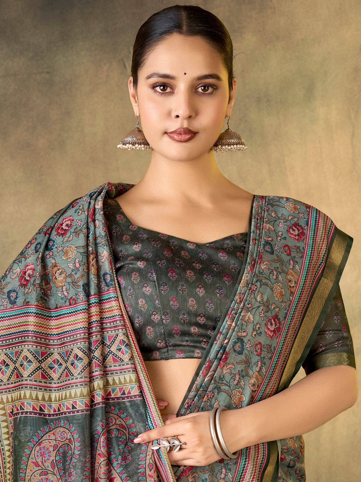Amrapali - Grey Chanderi Cotton Digital Printed Saree with Zari Border