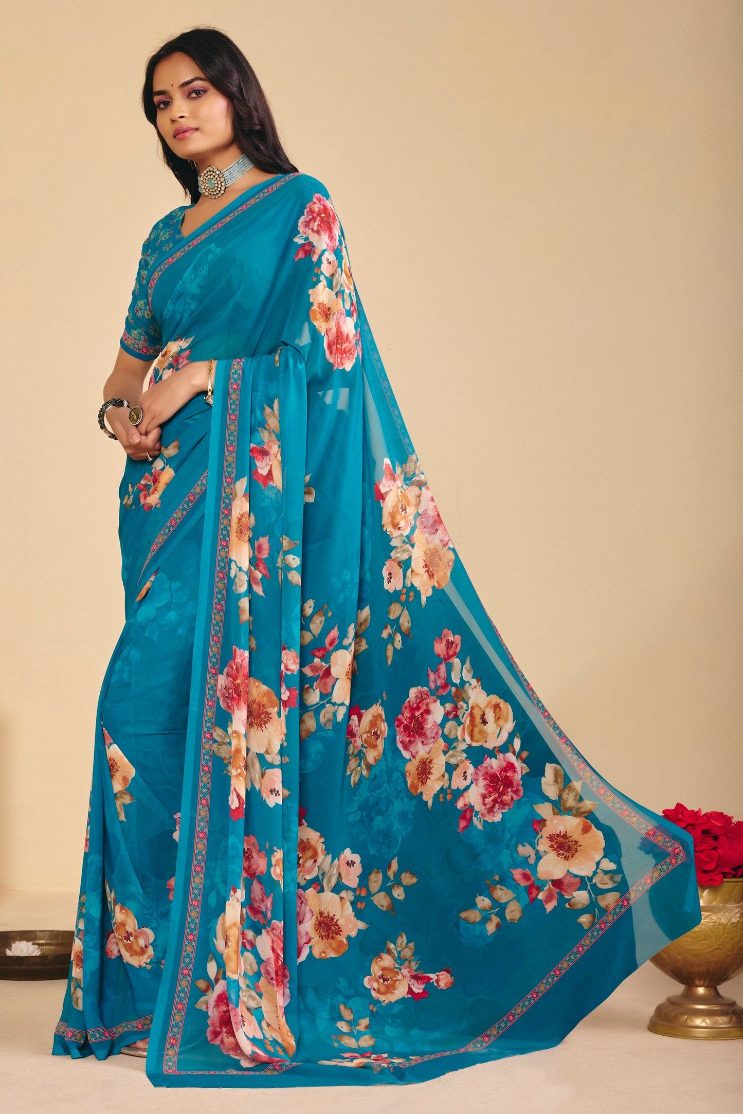 Twisha - Firozi Georgette Digital Printed Saree