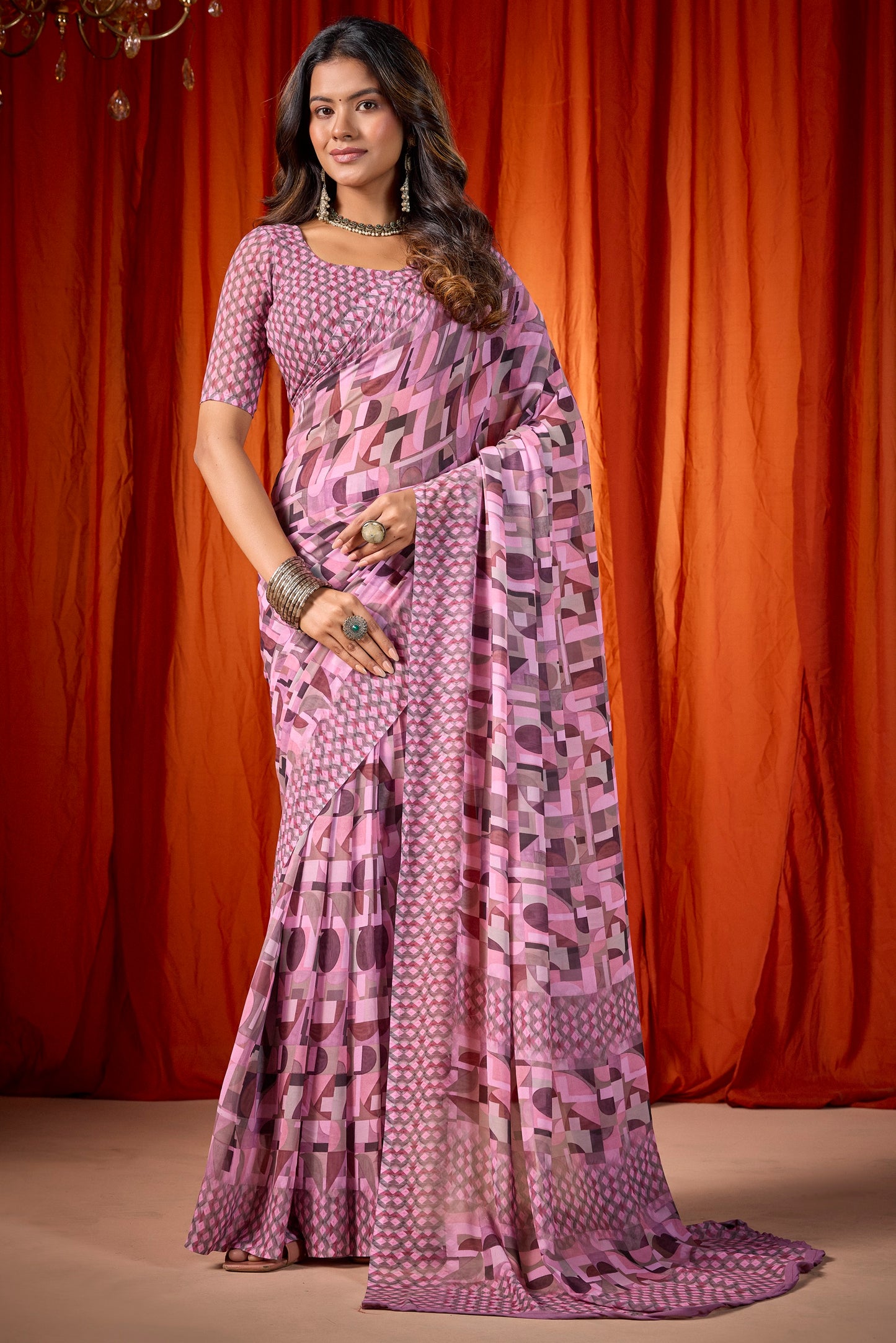 Shraddha - Pink Georgette Digital Printed Saree
