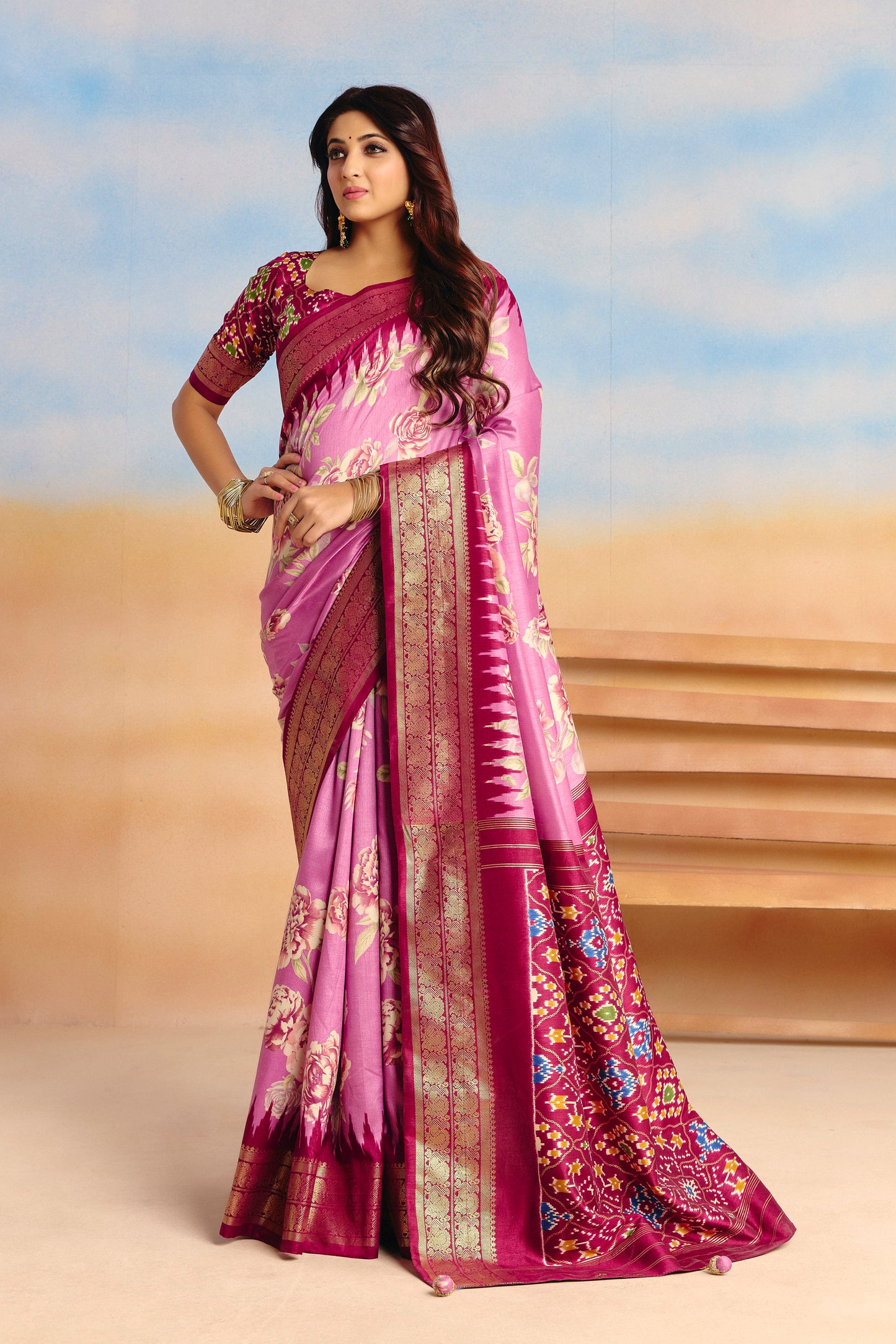 Rangrekha - Purple Floral Printed Soft Silk Saree