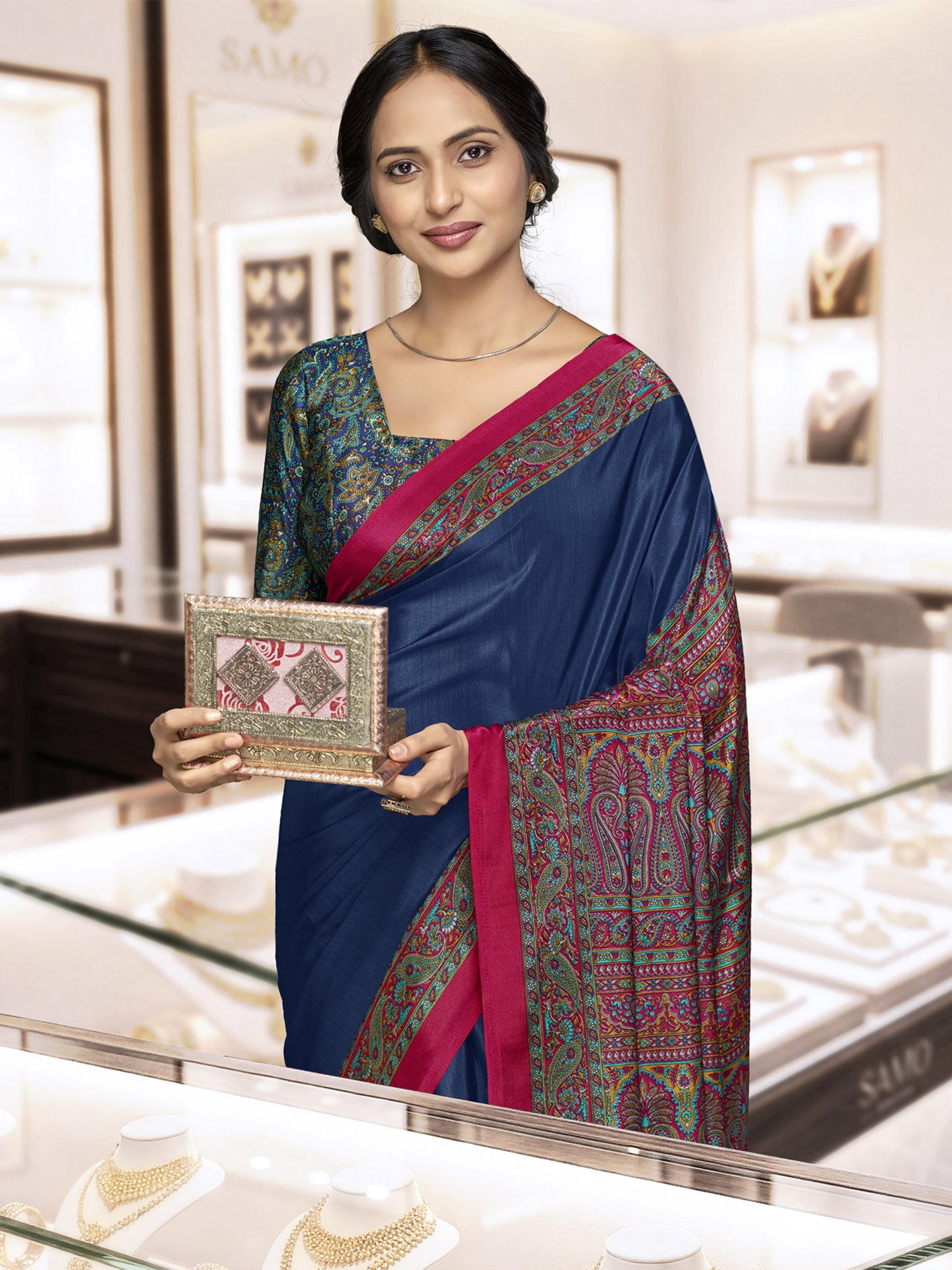 Chitrika - Navy Blue Printed Crepe Silk Saree