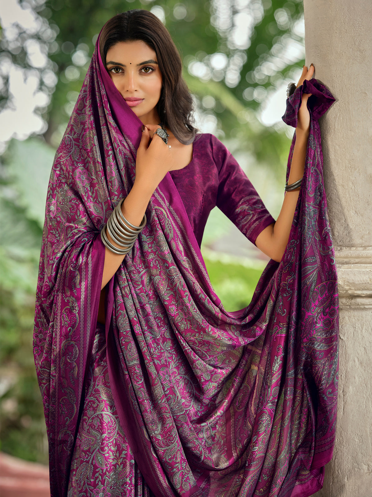 Rajkala - Purple Printed Crepe Silk Saree