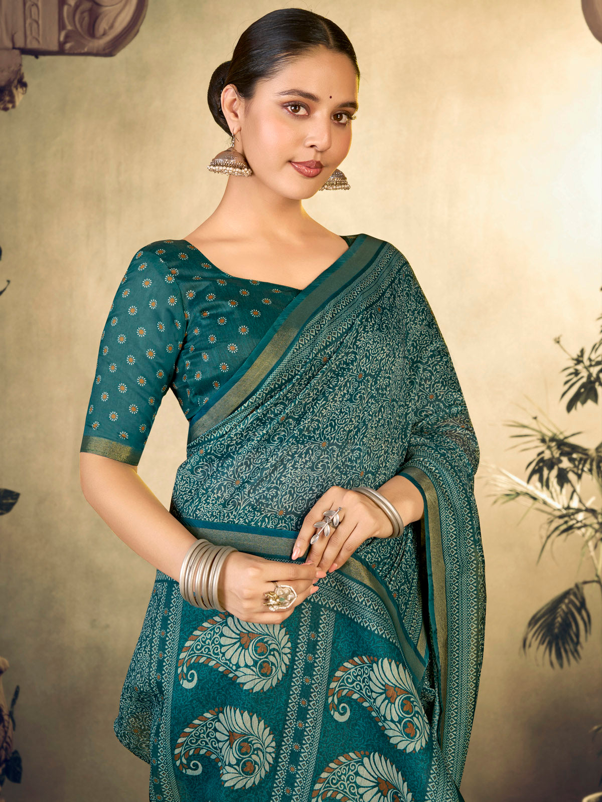 Amrapali - Teal Chanderi Cotton Digital Printed Saree with Zari Border