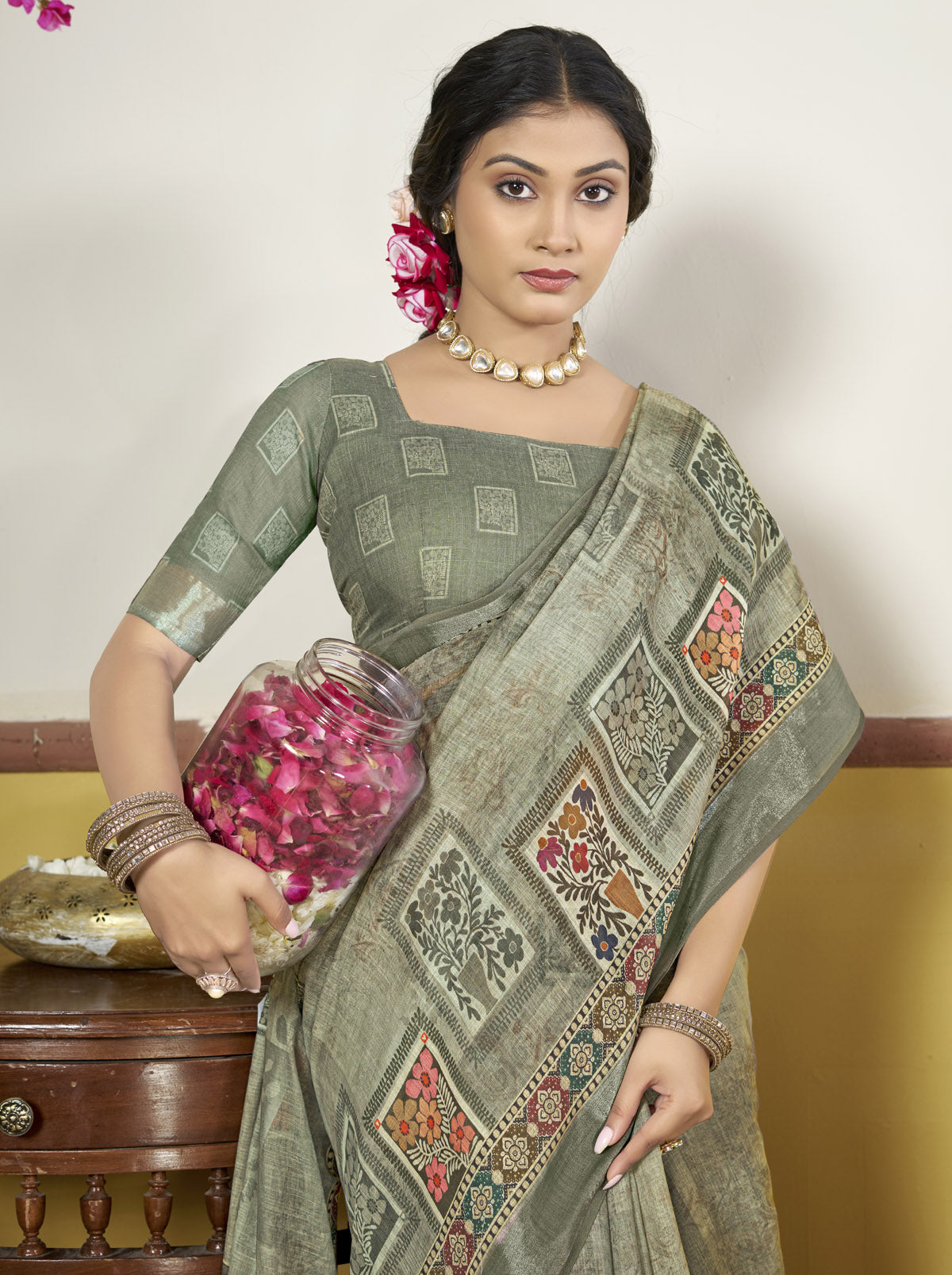 Rachna - Sea Green Linen Digital Print Saree with Woven Border