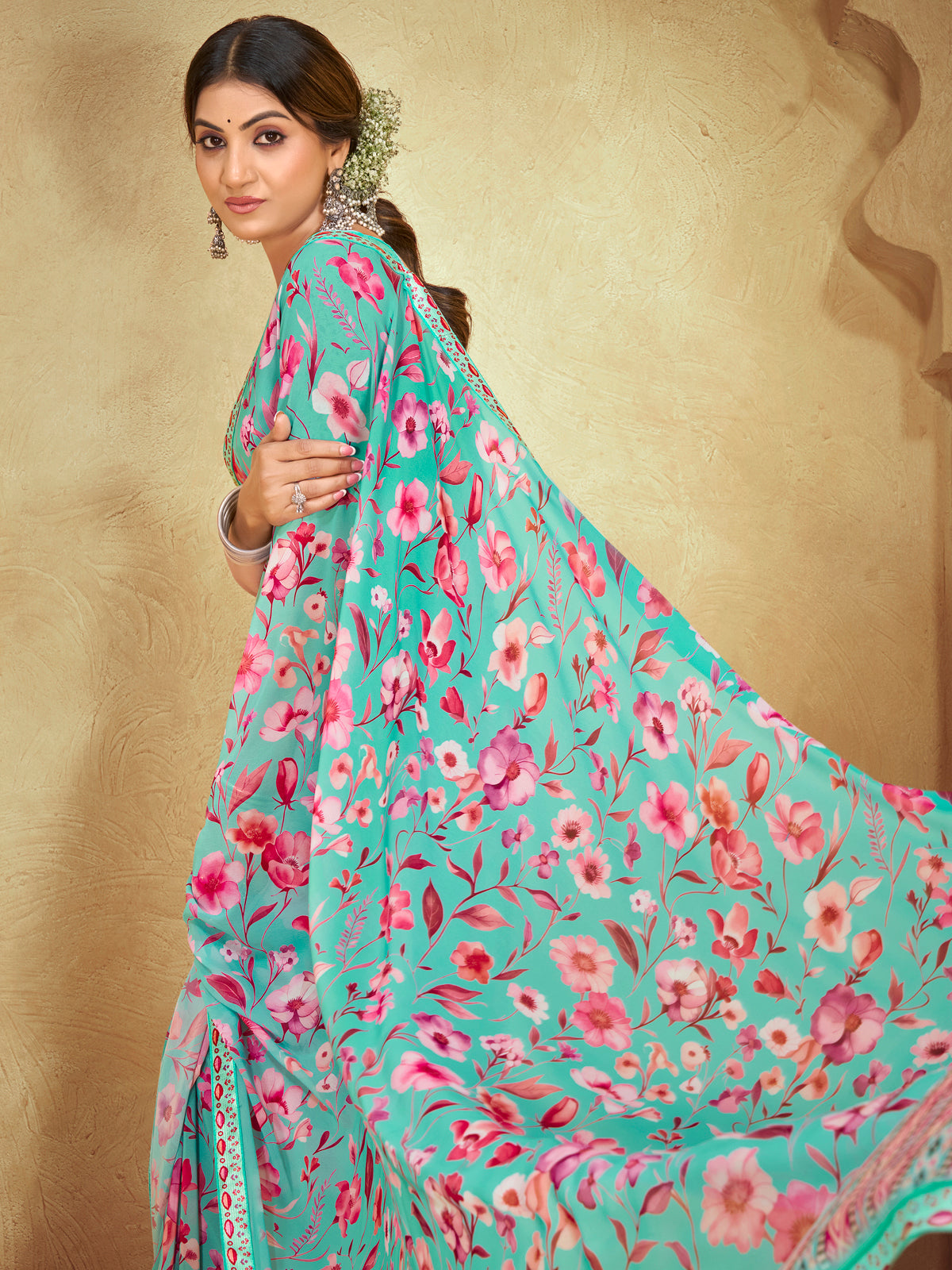 Sumedha - Turquoise Digital Printed Georgette Saree