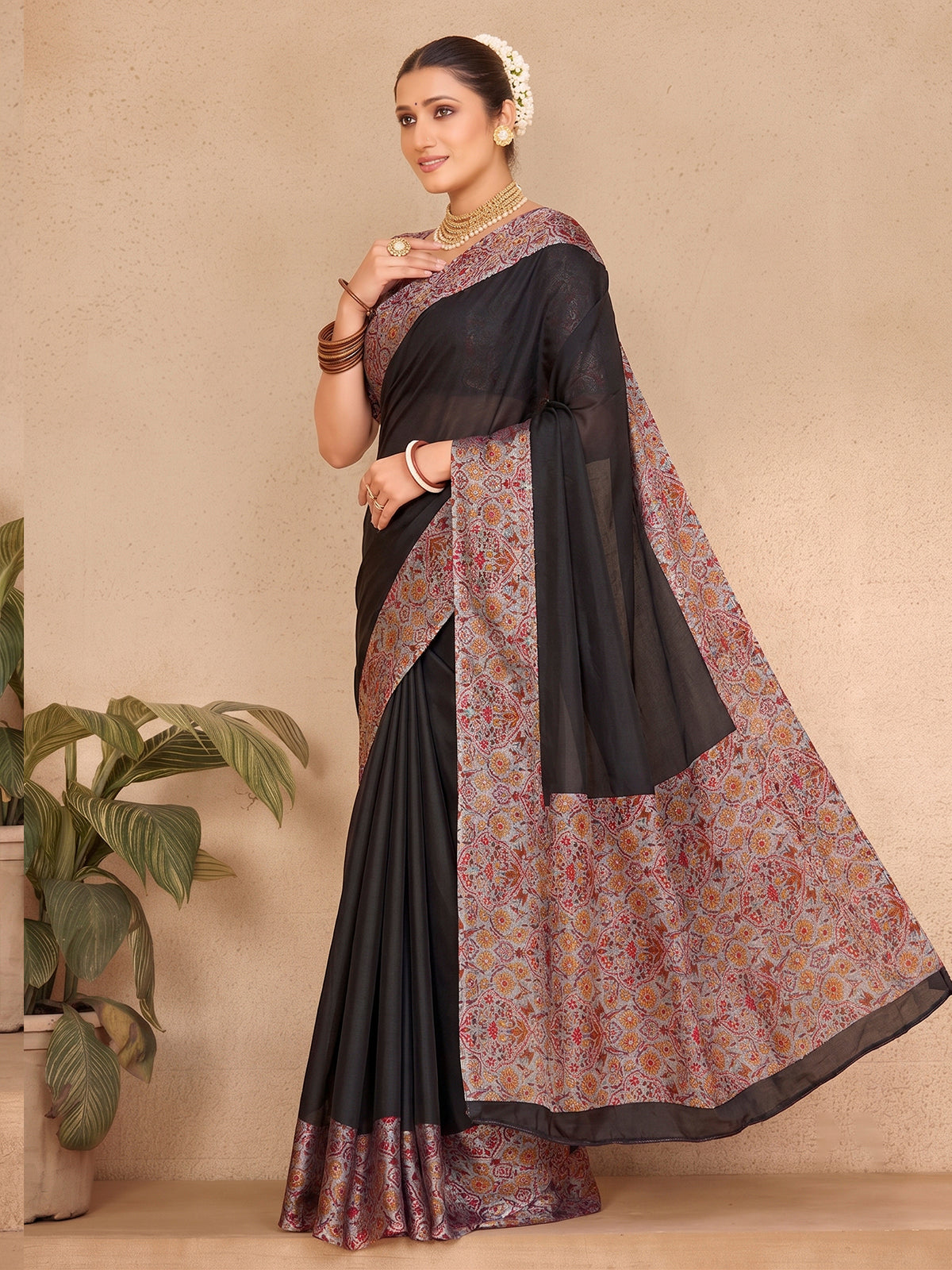 Ekvarna - Black Printed Chiffon Saree