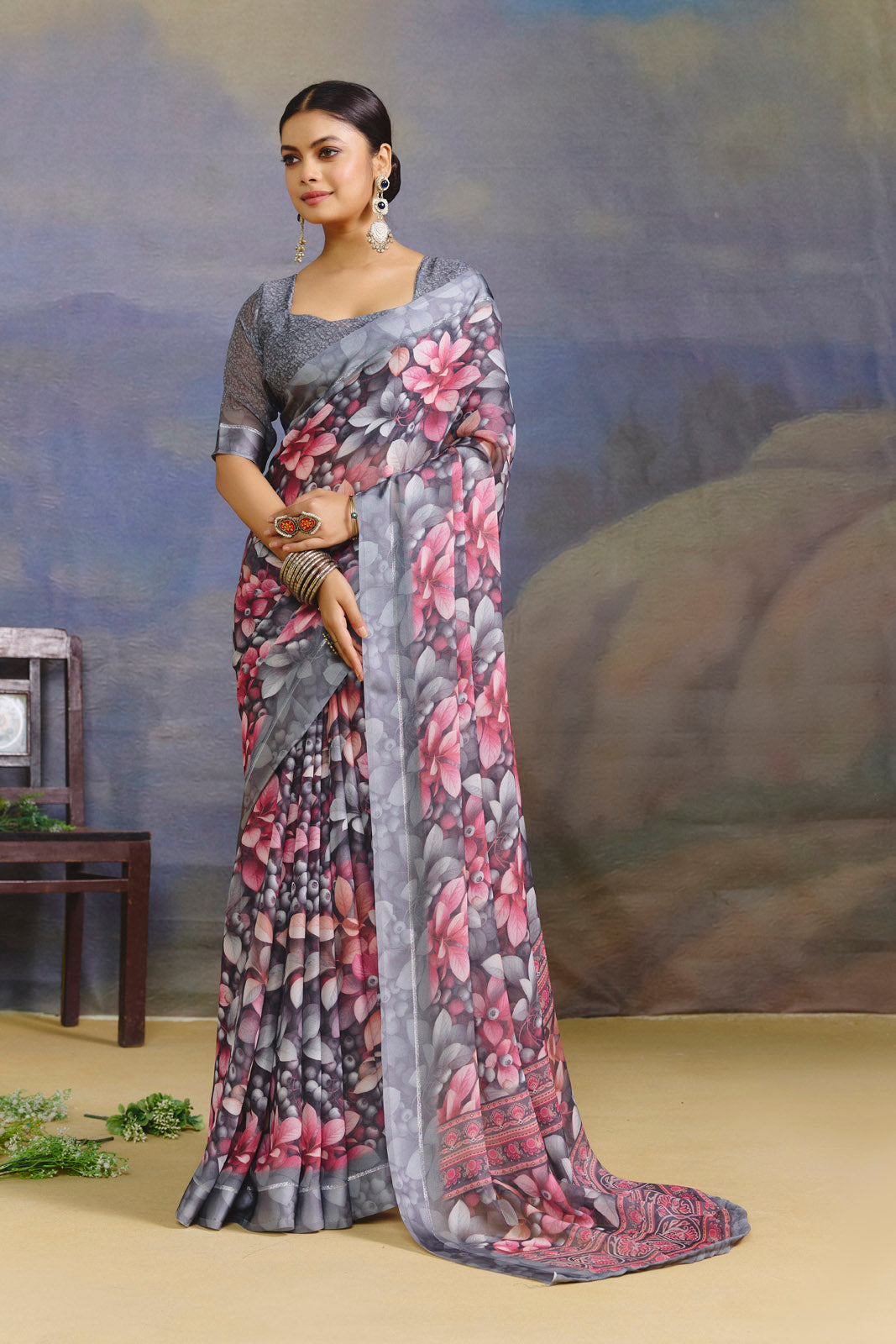 Samriddhi - Grey Moss Georgette Digital Print Saree with Satin Patta Border