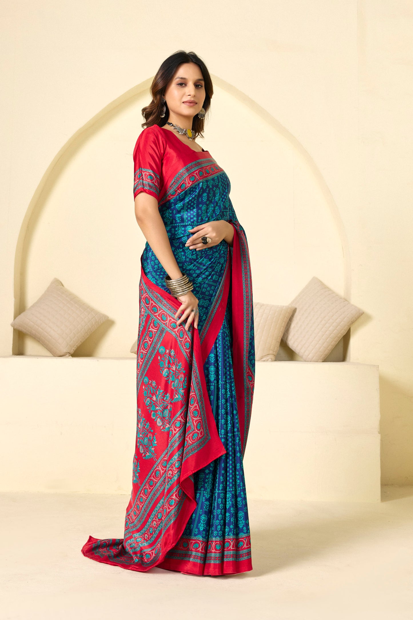 Rajkala - Blue Floral Printed Crepe Silk Saree