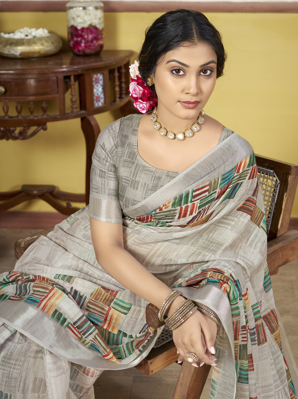 Rachna - Grey Linen Digital Print Saree with Woven Border