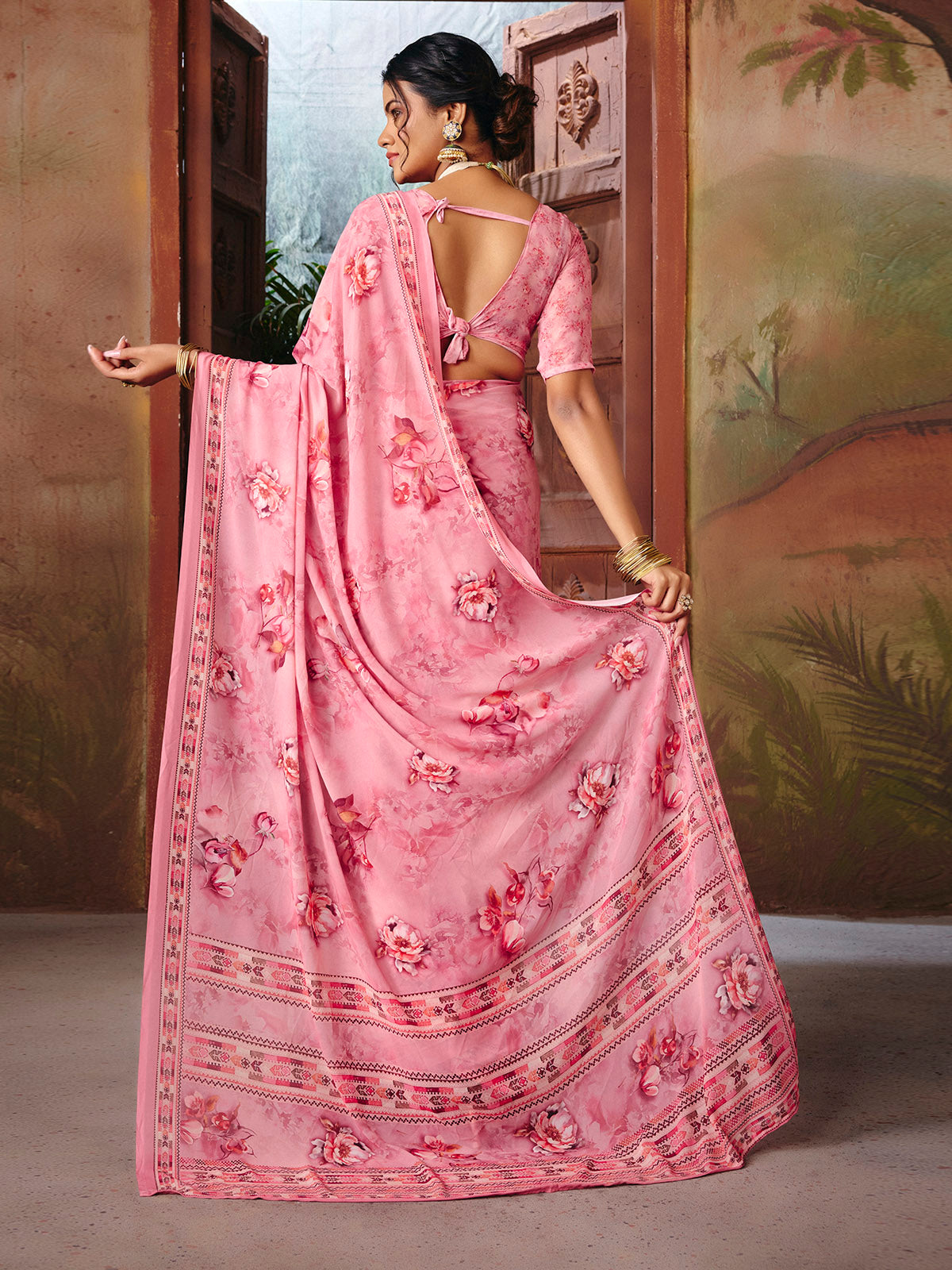 Riddhi - Pink Georgette Floral Digital Printed Saree