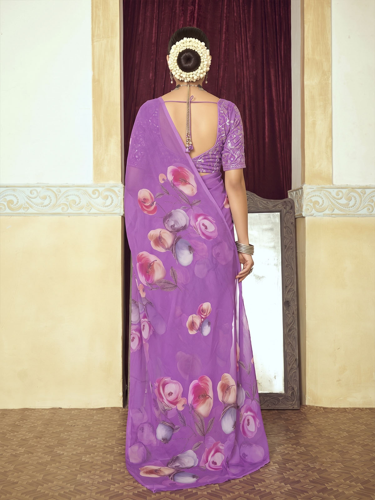 Riddhi - Purple Georgette Floral Digital Printed Saree