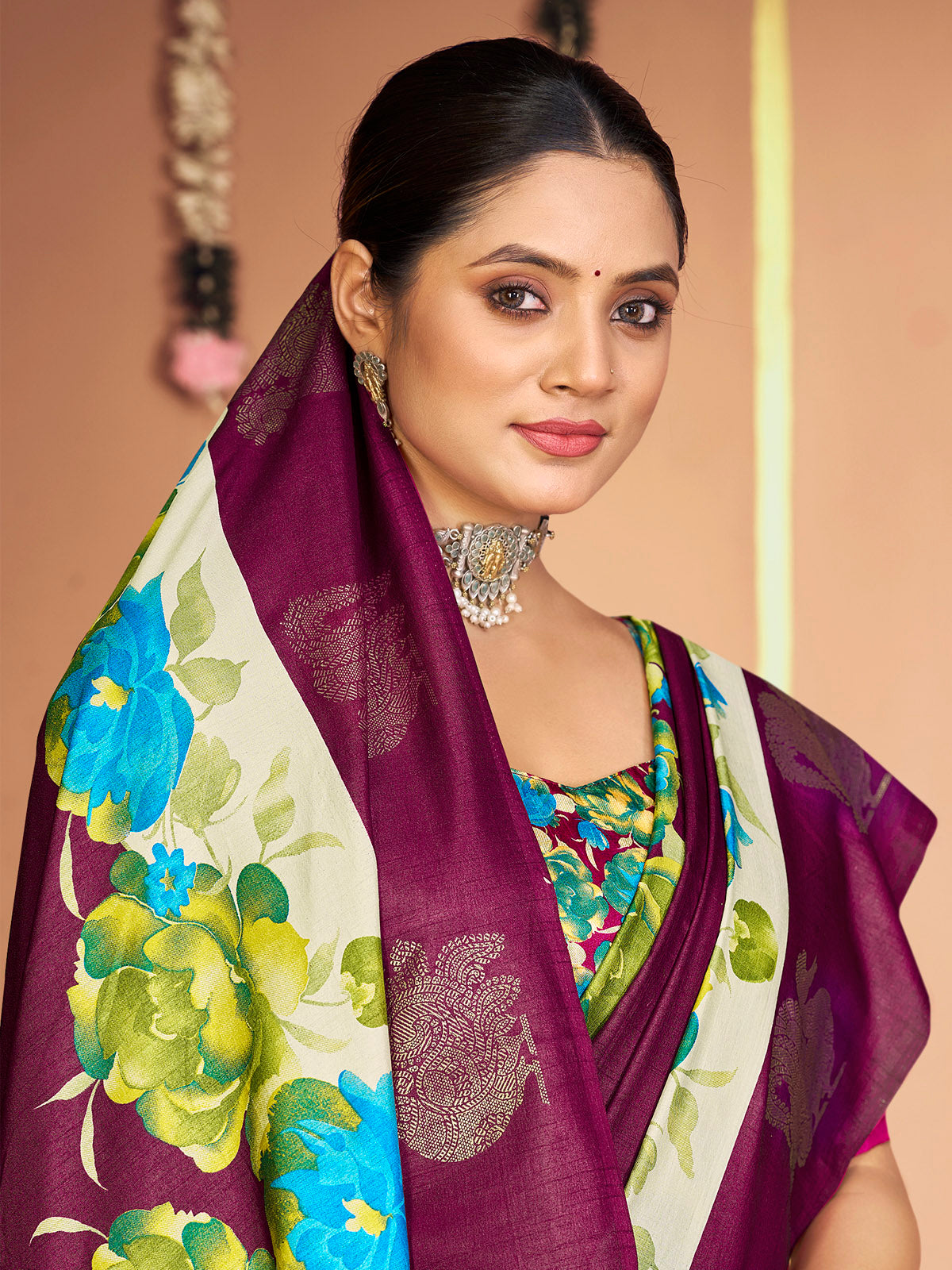 Rajkumari - Purple Printed Soft Silk Saree with Silk Foil Work