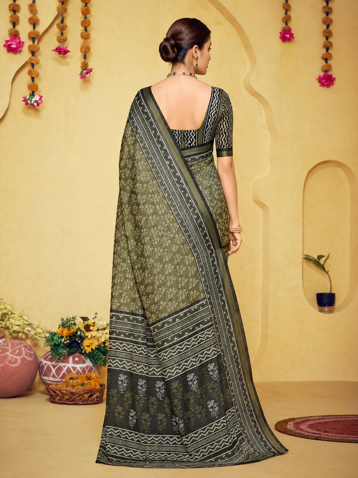 Amrapali - Mehandi Green Chanderi Cotton Digital Printed Saree with Zari Border