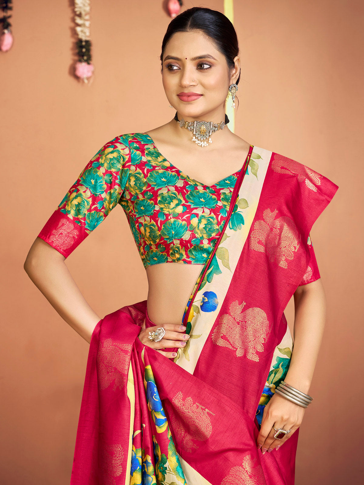 Rajkumari - Red Printed Soft Silk Saree with Silk Foil Work